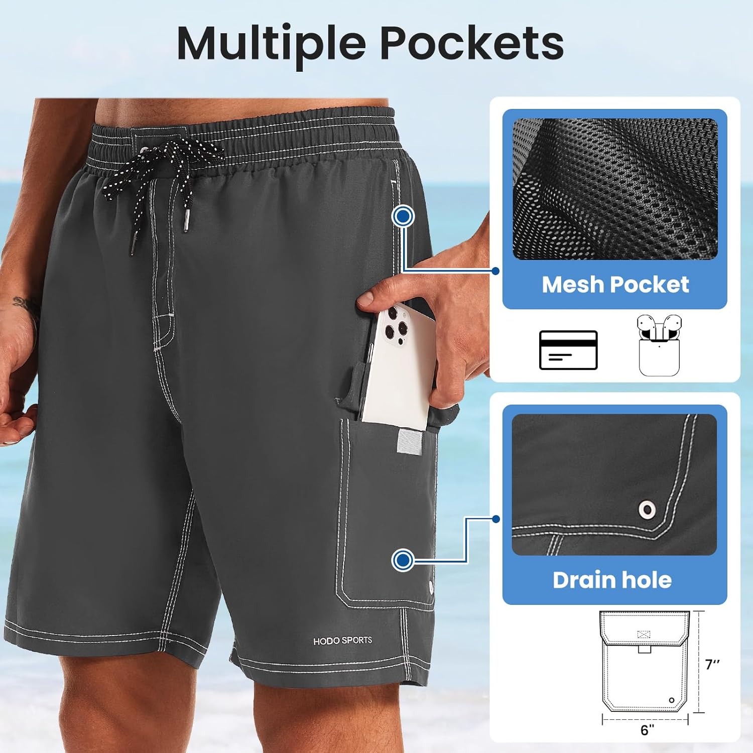 HODOSPORTS Mens Swim Trunks with Compression Liner 9 inch Bathing Suit Quick-Dry Swim Shorts Cargo Pockets S-4XL - Image 5