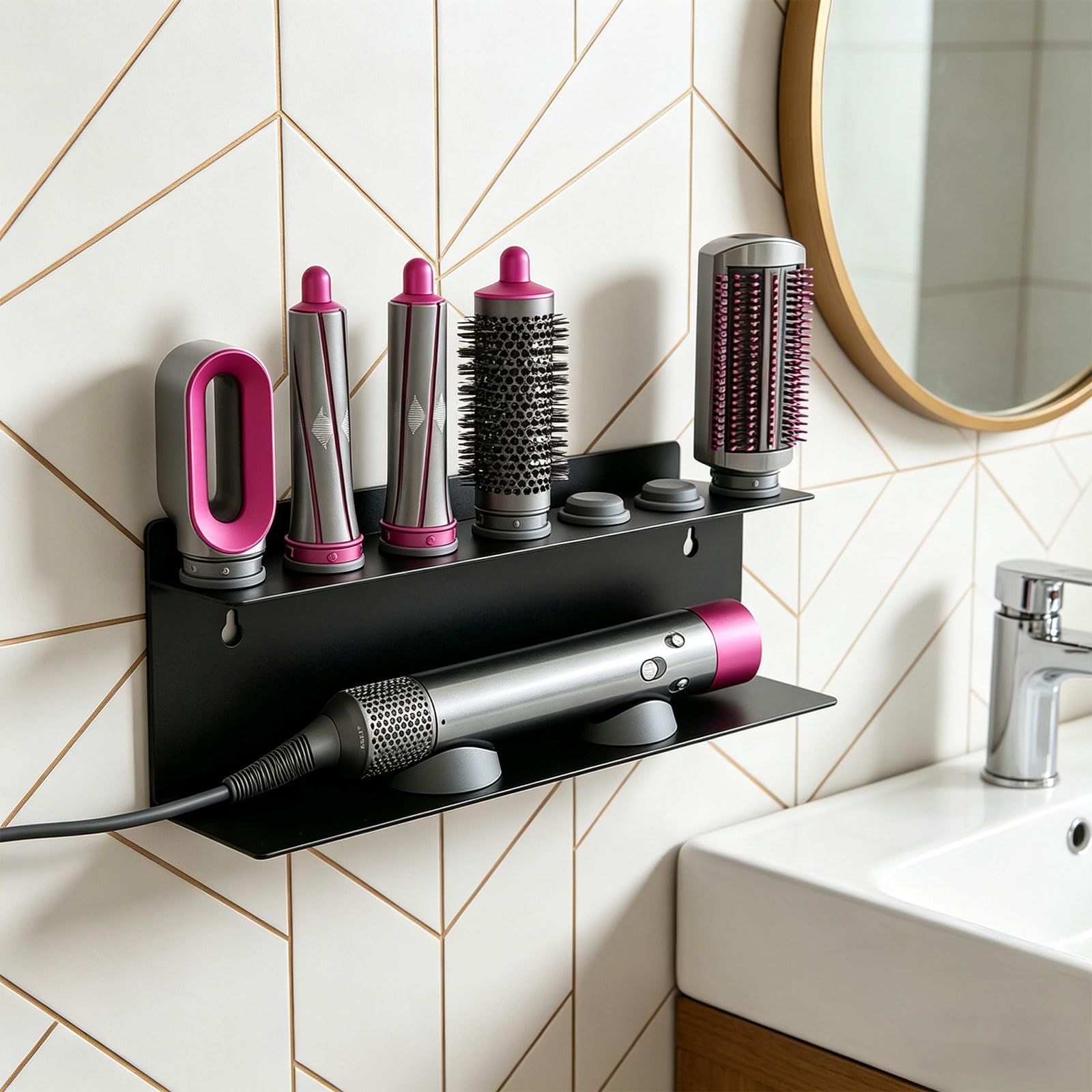 Soporte de pared para secador de pelo con 7 ranuras para organizar secador de pelo y herramientas de peinado en el baño o dormitorio