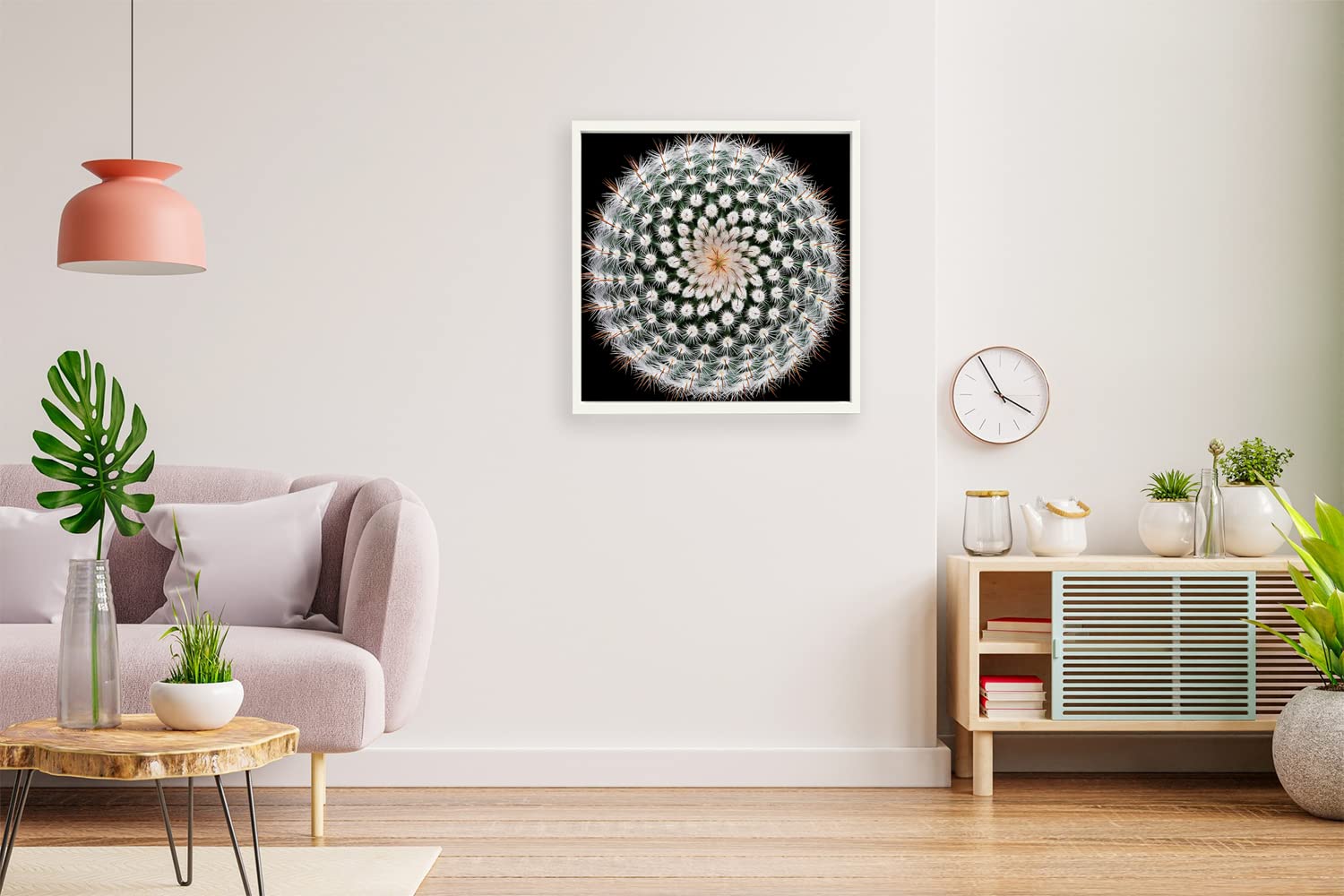 VERRE ART Printed Framed Canvas Painting for Home Decor Office Wall Studio Wall Living Room Decoration (14x14inch White Floater) - Notocactus Scopa