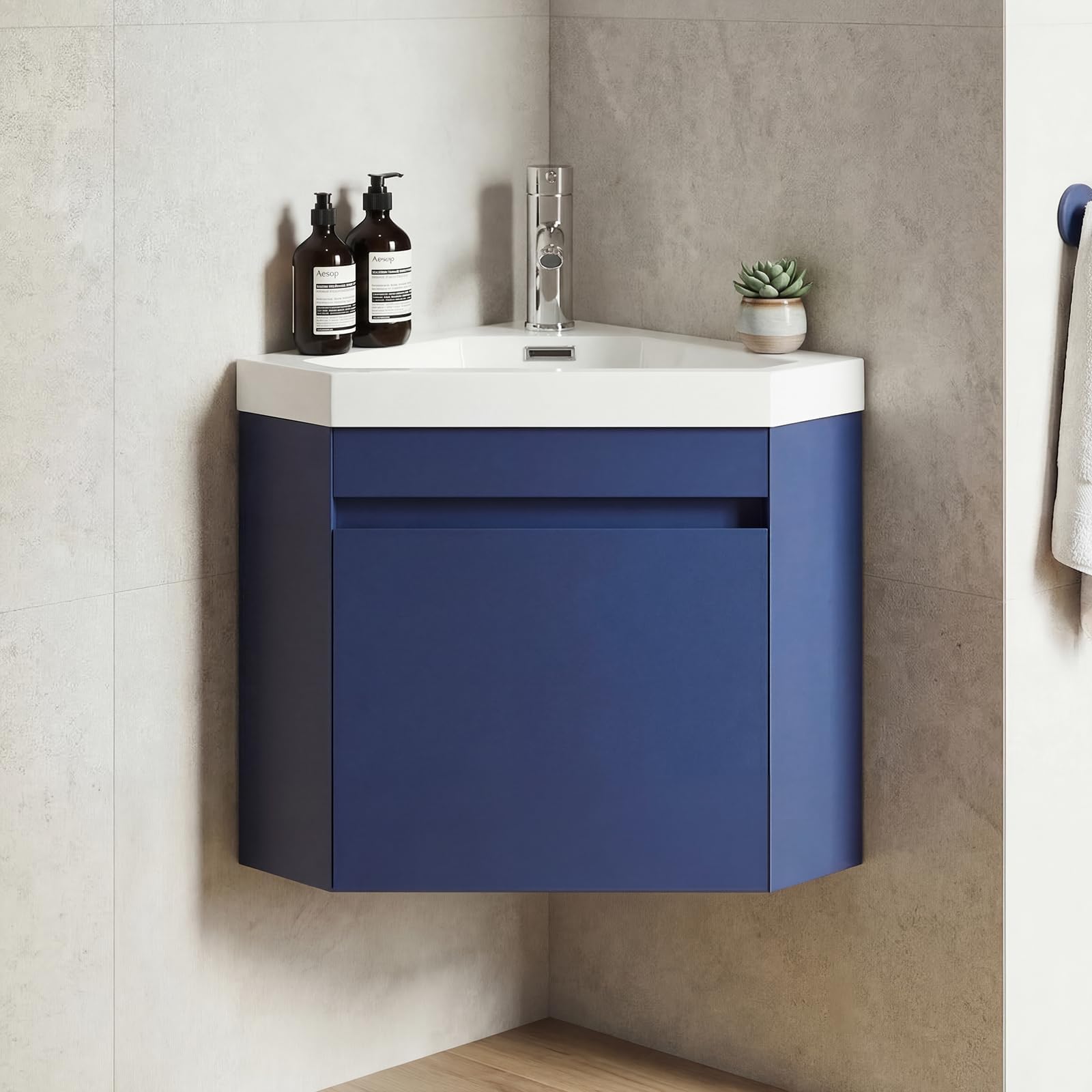 Walsport 16" Corner Bathroom Vanity Floating Single Sink Combo for Small Space Wall Mounted Cabinet Set Design Resin Basin Sink Top Chrome Faucet and Drain,Blue