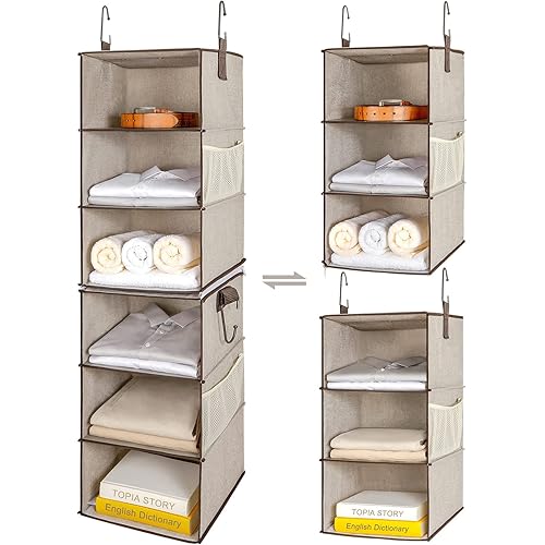 6-Shelf Hanging Closet Organizer, Two Separable 3-Tier Unique Cotton Fabric Hanging Closet Shelves with Mesh Pockets, Collapsible Closet Organizers and Storage Organization, Gray/Brown
