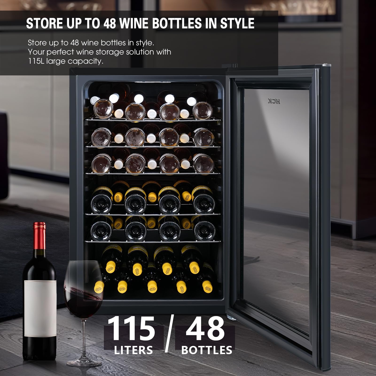 HCK Vinoteca, Nevera para Vinos 1 Zona de Refrigeración, 48 Botellas, 115 L, 4-22°C, Pequeña Nevera de 85 cm de Altura Con Panel Táctil, Silenciosa con Puerta de Vidrio, Negro