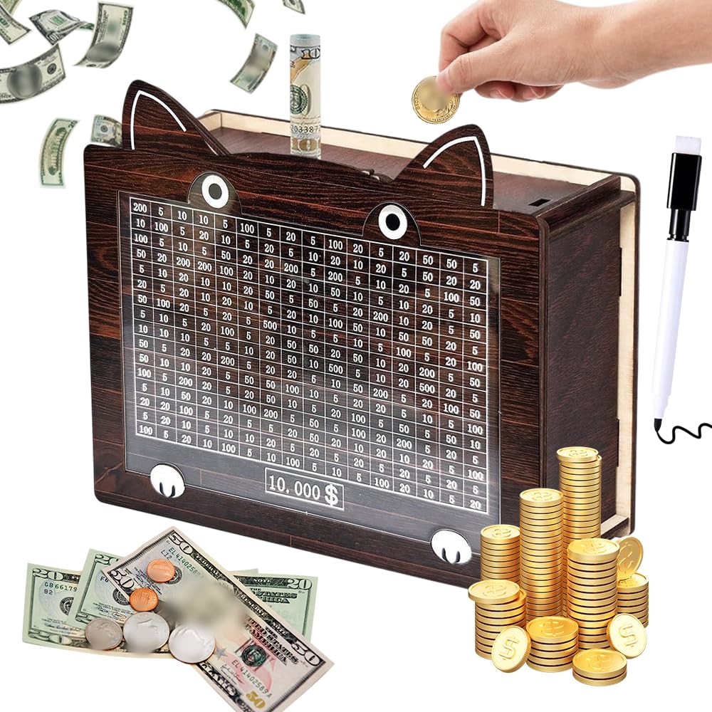 Wooden Money Box for Cash 10000, Cash Vault Wooden Savings Box with Money Target & Numbers, Money Saving Box Cash Savings Box Coin Counter Piggy Bank