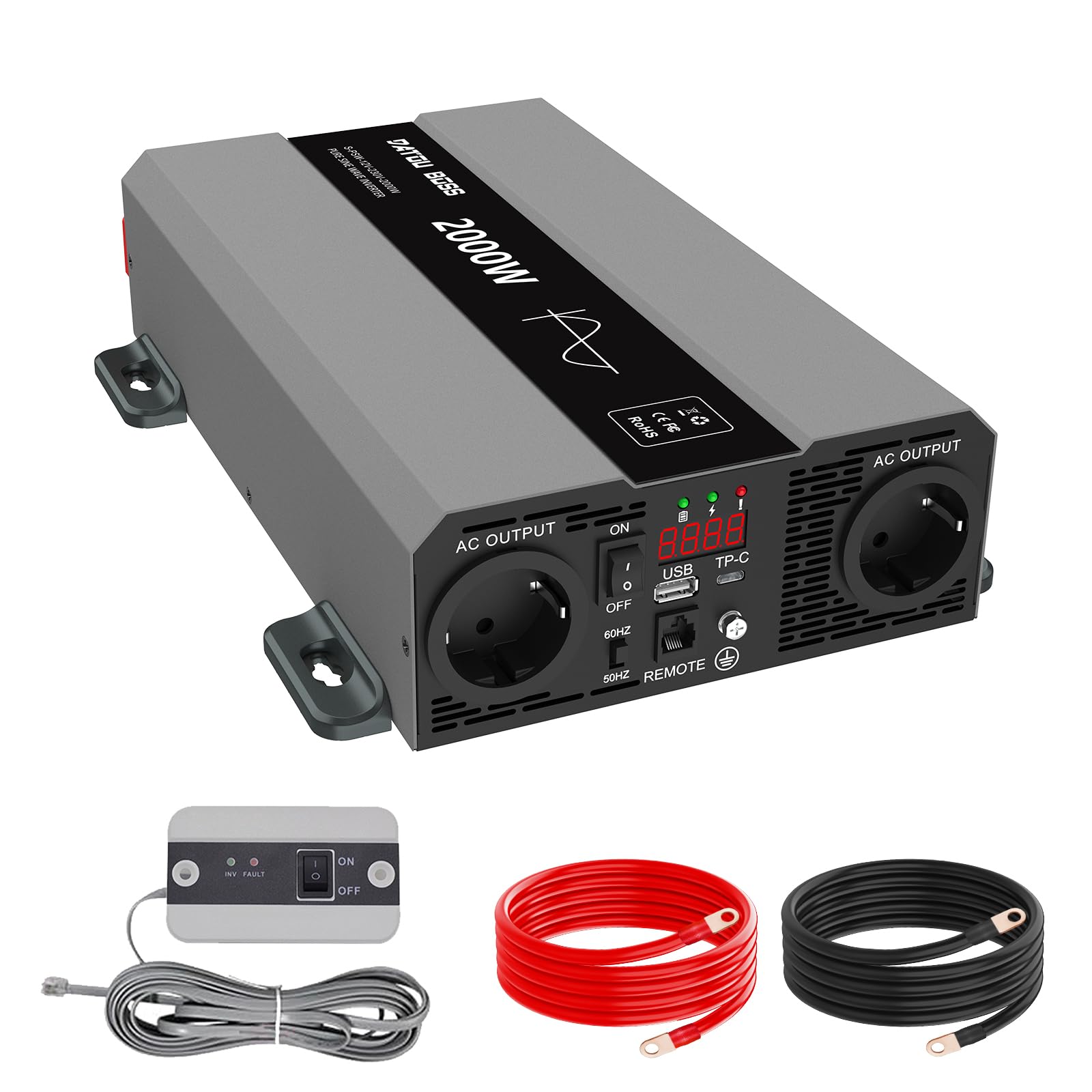 DATOUBOSS Convertisseur 12V 220V 2000W(4000W Crête) Pur Sinus, Transformateur Onde Sinusoïdale Pure, Onduleur avec 2 Prises EU, USB-A et USB-C,Écran LCD,Commande à Distance,Camping-Car Voiture,Solaire