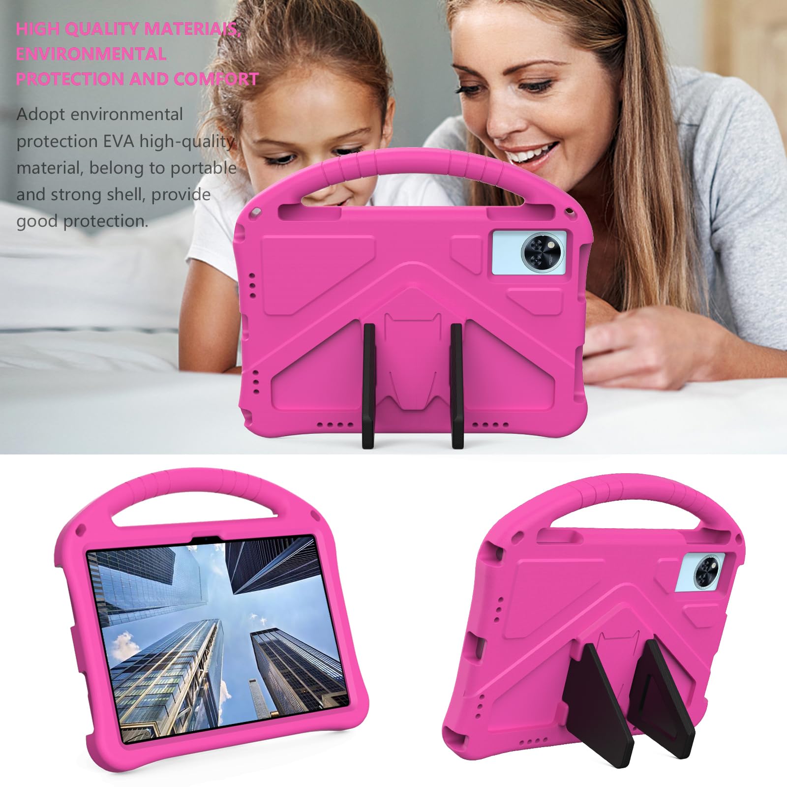 Compatibile con Doogee U11 2025, custodia protettiva leggera compatibile con tablet Doogee U11 per bambini, custodia protettiva con supporto con tracolla (rosso rosa)