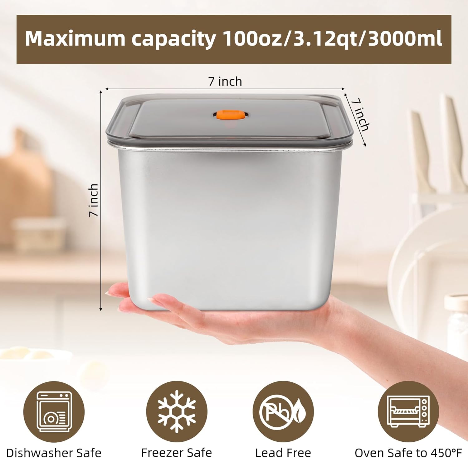 2 PCS Stainless Steel Food Storage Containers(100oz) with Lids Leak Proof & Airtight | Square Stainless steel freezer Containers,For Meal Prep,Fruit,Snack,Freezer 100 OZ x2