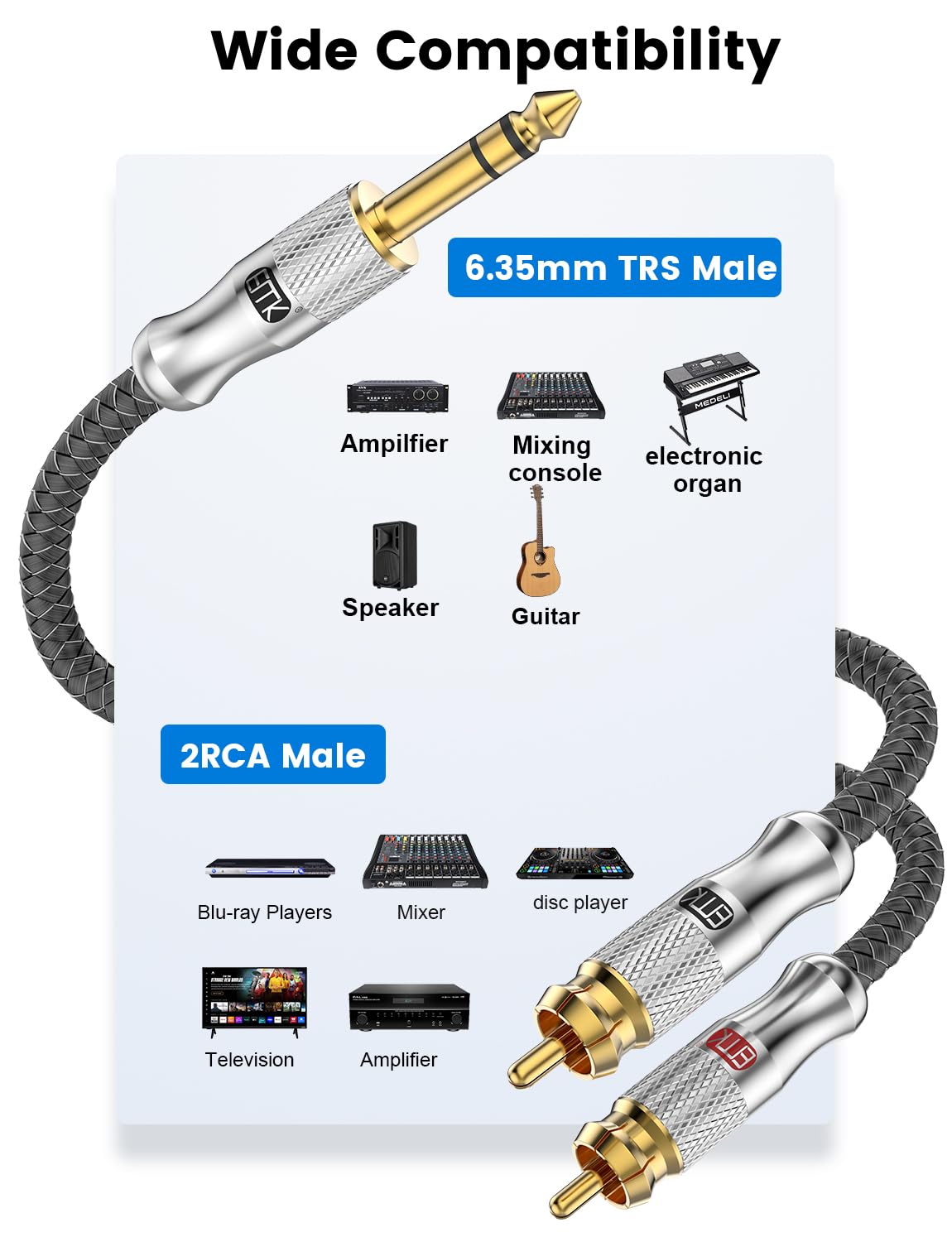 EMK Kabel 1/4 na cinch, wtyczka TRS 1/4 cala na 2 wtyczki cinch, kabel audio, gniazdo stereo 6,35 mm na kabel wtykowy Dual-Cin, kabel rozdzielający Y (8 m, srebrny)