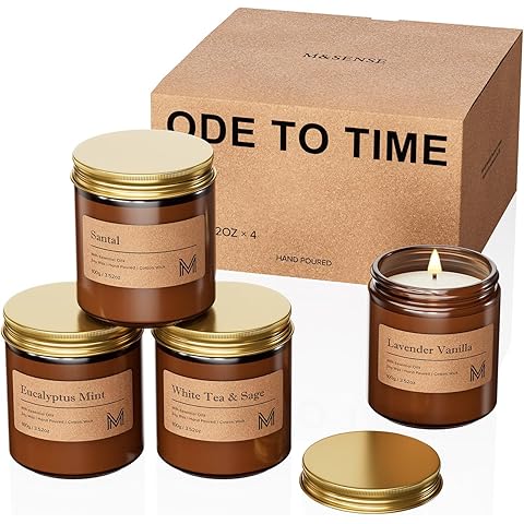 M&SENSE 4 Pack Christmas Candle Gift Set, Aromatherapy Candle Gift for Men and Women, Soy Wax Candles Home Scented, Long Lasting Amber Jar Xmas Candles for Christmas, Thanksgiving, Holiday