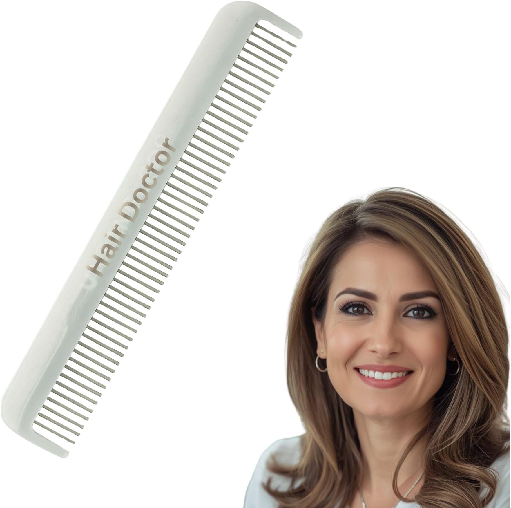 HAIR DOCTOR Hair Detangling Comb with silky smooth rotating teeth, 7inch, White Sheen