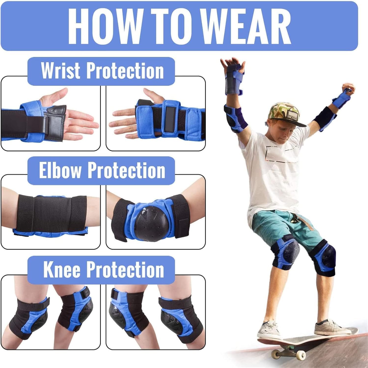 Conjunto De Equipo De Protección para Patines Kee Almohadillas Coderas Muñequeras para Niños Camisetas Monopatín para Adultos Ciclismo Ciclismo Bicicleta Patinete Pati, Blue, S(10-25kg)