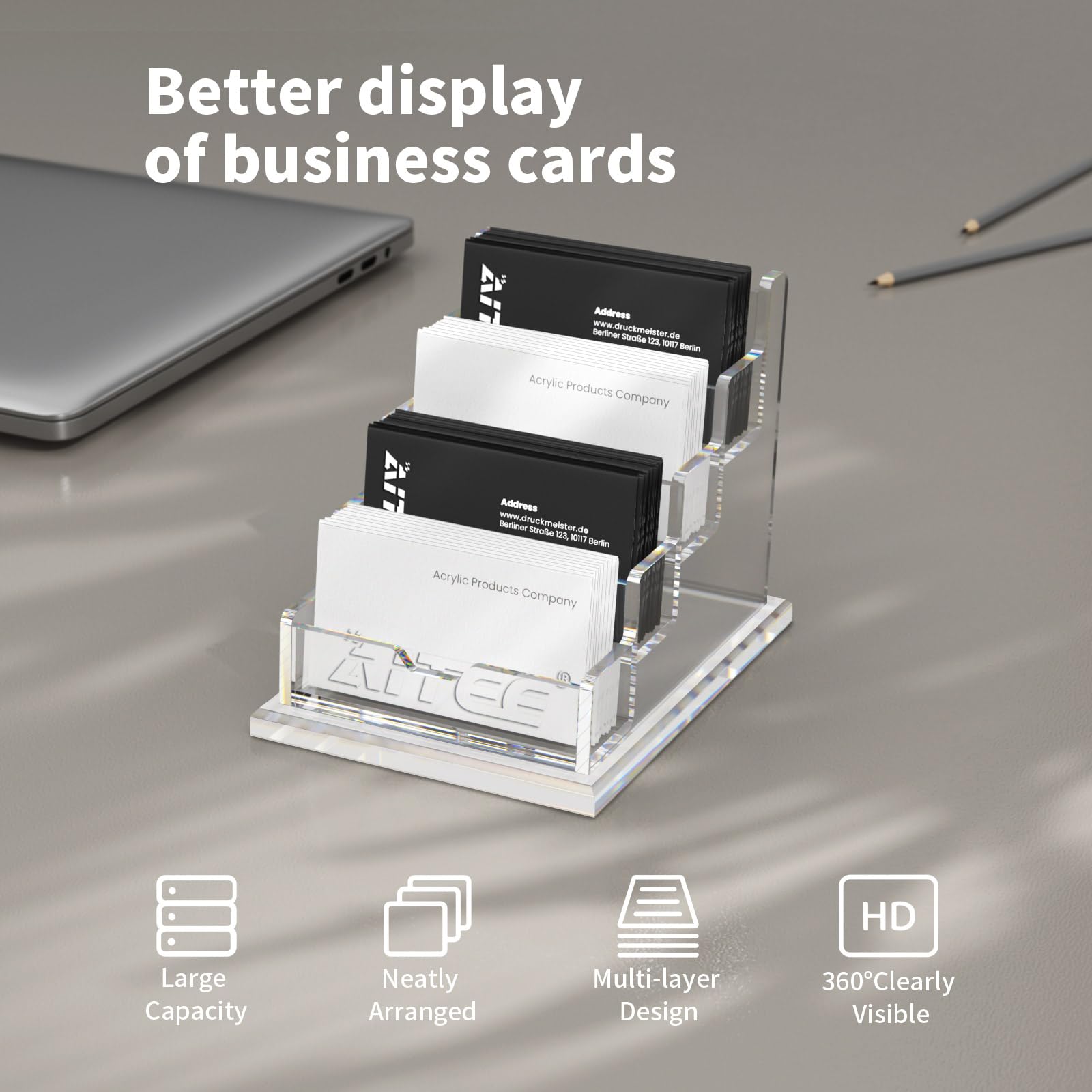 AITEE Business Card Holder for Desk: Clear Acrylic 4 Slot 4 Tier Card Display Stand Holder for Office and Exhibition Countertop Fits 100-120 Business Cards - Image 2