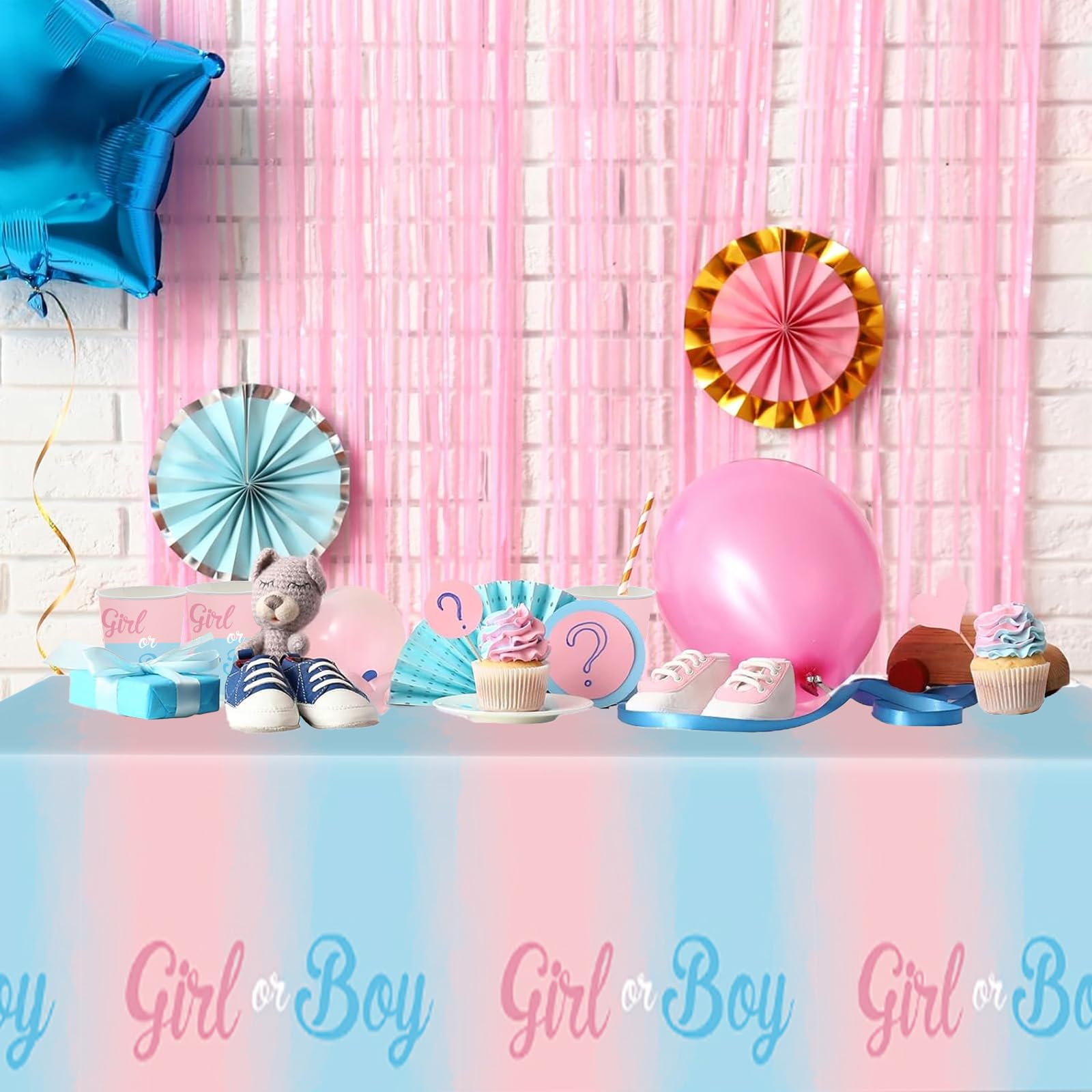 53 Stück Gender Reveal Partygeschirr für 16 Gäste, Babyparty Deko Partyteller Set, Neutral Girl or Boy Baby Party Decoration Rosa Blau Teller Becher Servietten Tischdecke für Baby Shower