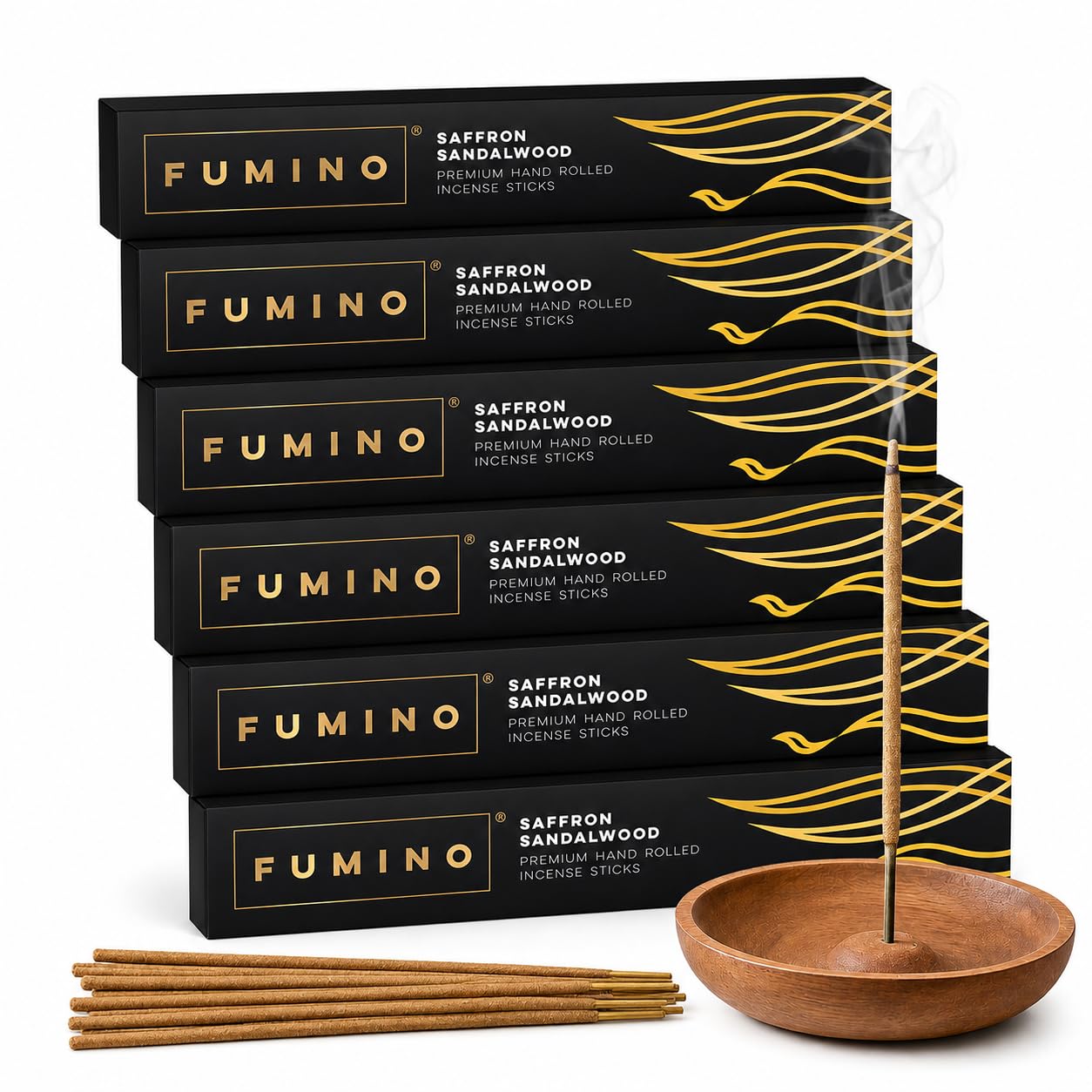 Fumino Black Incense Sticks Saffron Sandalwood 84 Pack 6 Boxes - Handmade Low-Smoke
