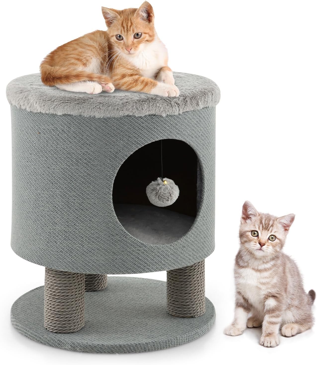 GYMAX Cueva para Gatos, Casa para Gatos con Funda Suave, Bola Colgante y Entrada Redonda, Árbol Rascador Acolchado con 3 Columnas para Rascar, Taburete Soporta hasta 60 kg (Gris)