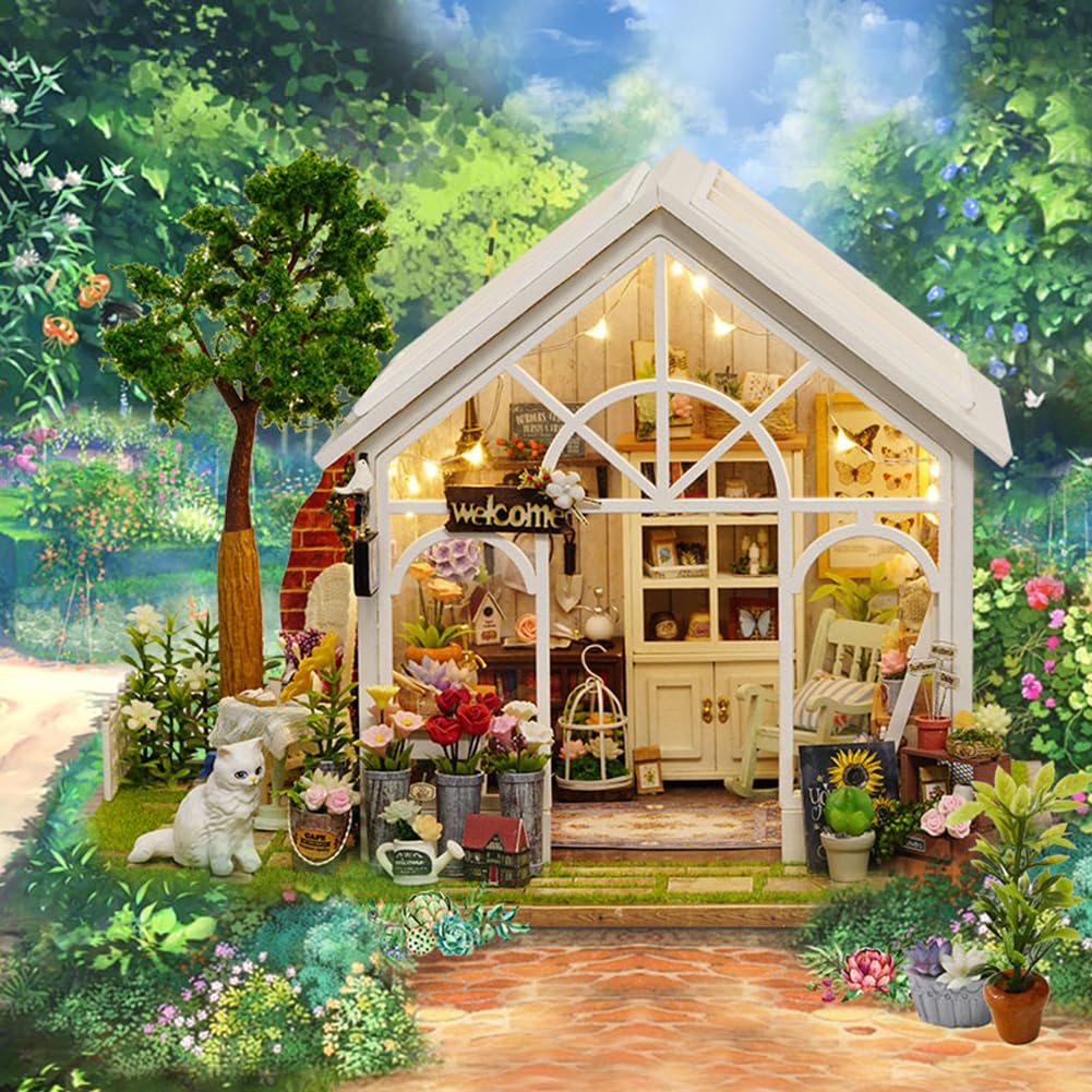 Puppenhaus Kit Gewächshaus, DIY Miniaturraum mit LED-Licht, Holz Modellbausatz für Erwachsene, Blumenhaus, Geschenke für Freunde