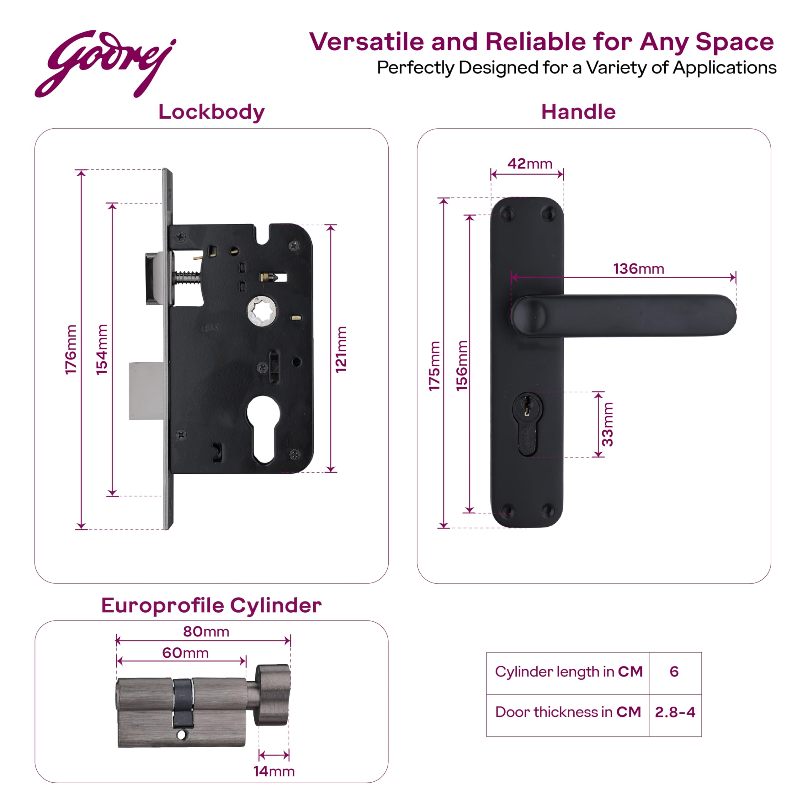 Godrej Mortise Lock | BM 09 Handle Lock Set | 200 mm Lockbody | Europrofile Cylinder 60mm Knob from Inside | for Home & Office | Matte Black Finish | 3Keys | Double-Throw Deadbolt | 1 Year Warranty — Amazon image 7