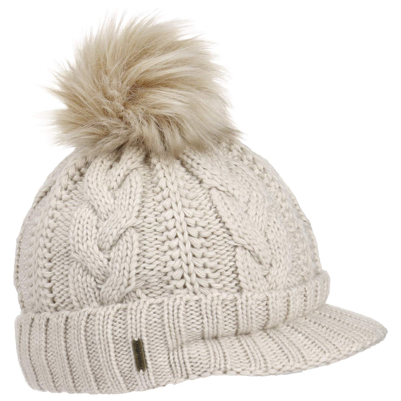 McBURN Britta Cable Knit Beanie Women - Made in Italy Winter Pompom hat with Peak, Lining, Lining Autumn-Winter - One Size Beige