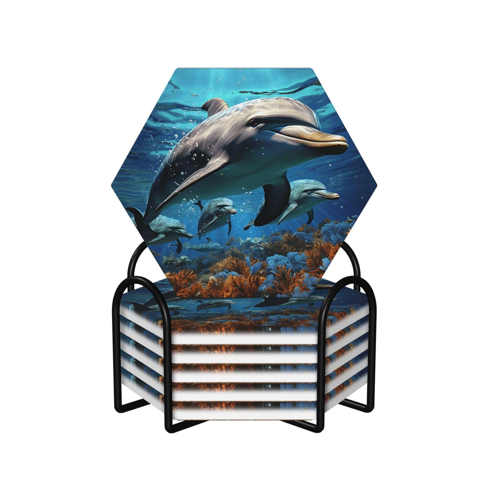 6Pcs Ceramics Coaster for Drinks, Dolphins Cup Coasters with Holder, Aesthetic Drink Coasters for Coffee Table, Absorbent Round Coaster for Tabletop Protection 4" Cup Mat Pad
