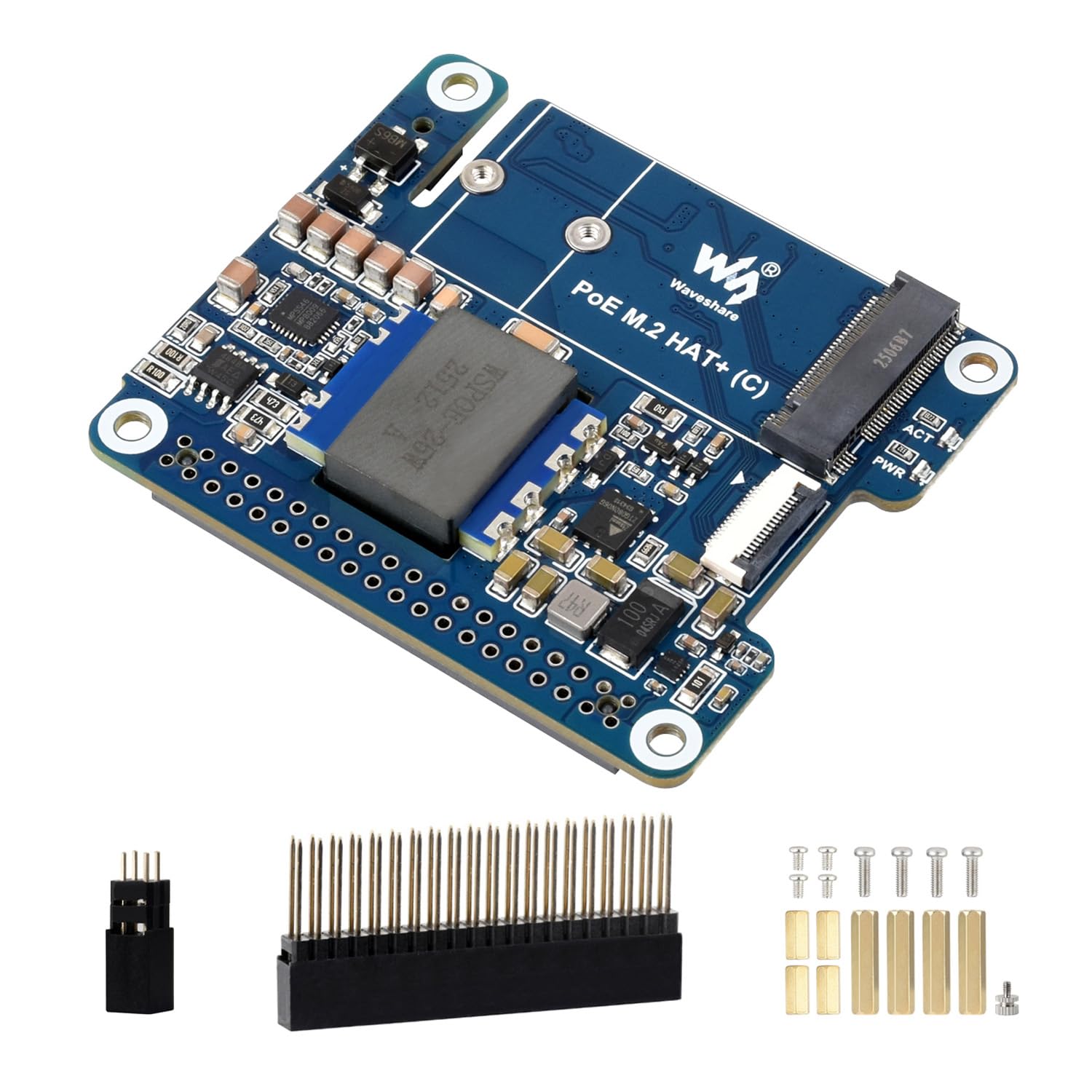 Waveshare PCIe to M.2 Adapter with PoE Function (C), Compatible with Raspberry Pi 5, Supports NVMe Protocol M.2 Solid State Drive, High-Speed Reading/Writing
