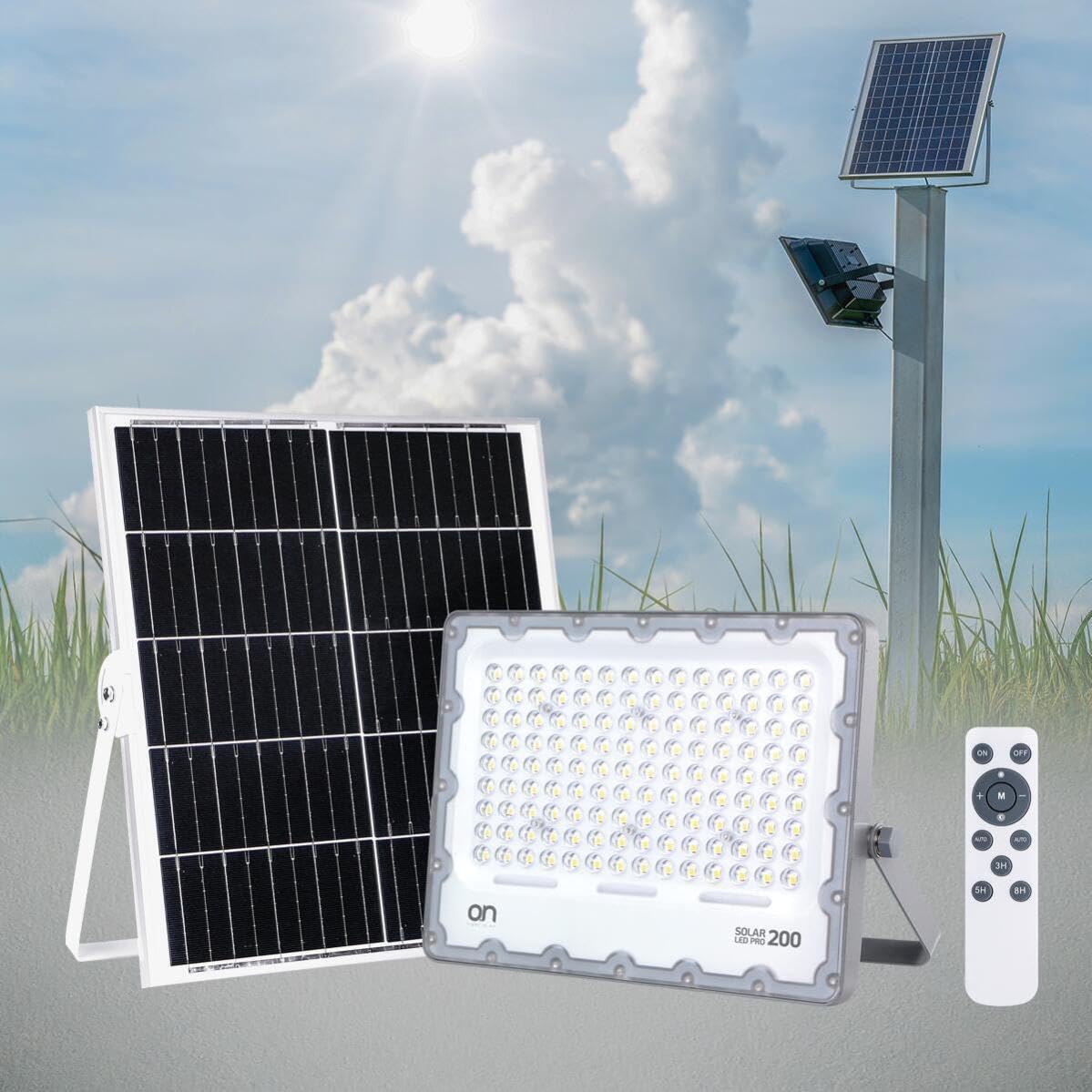 O.N Faretto solare da esterno con luce fredda, faro led con pannello solare e sensore per accensione automatica, lampada led da parete con fotovoltaico 4000K 2400lm