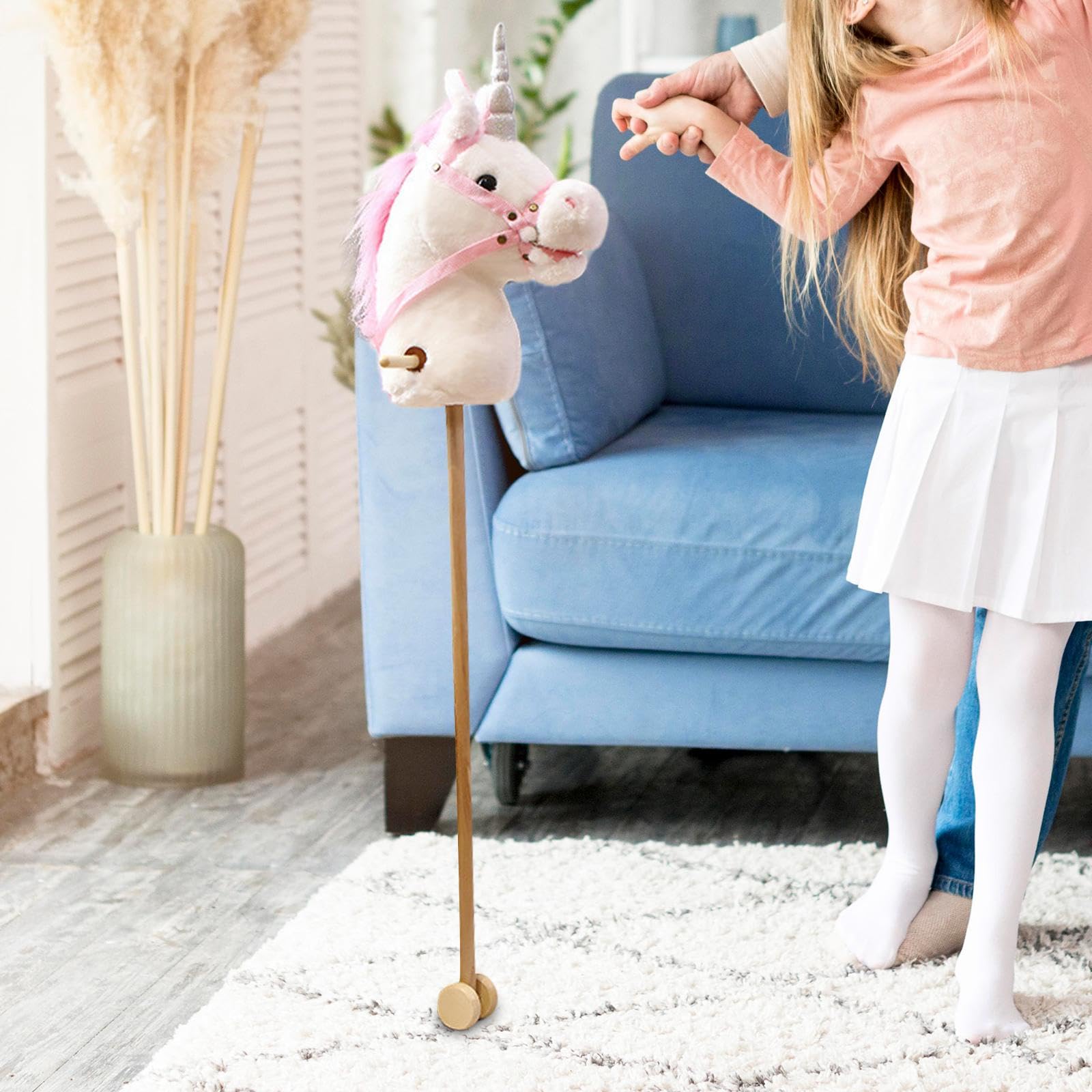 Almencla Steckenpferd mit Geräuschen Plüschpferd auf Holzstange mit Rollen Robustes Spielzeug Zum Reiten Handgefertigtes Hobby Pferd für Kinderparty Und Freize, Pferd