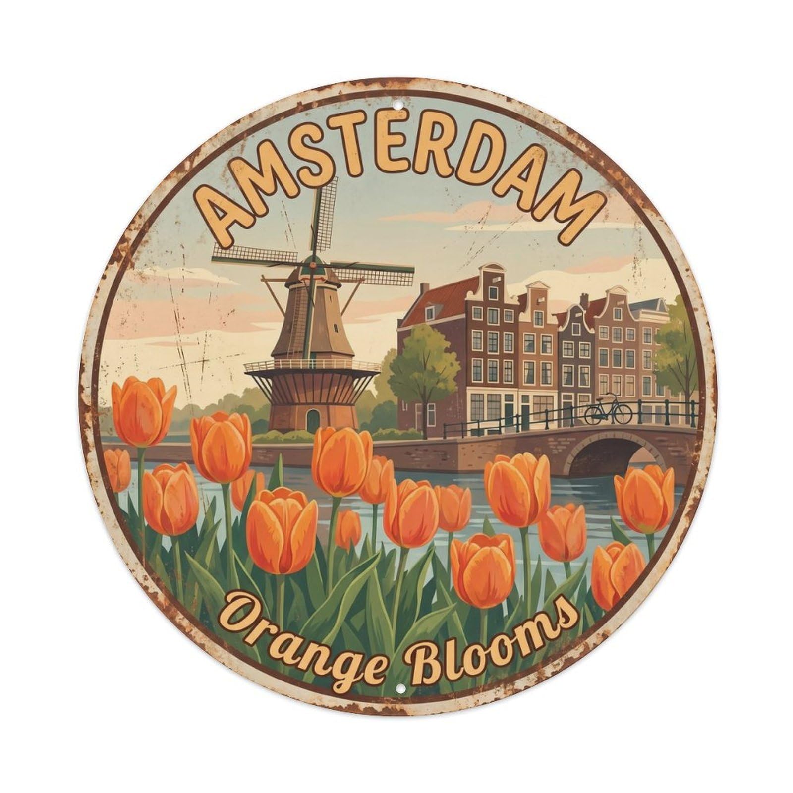 Vintage Travel Amsterdam Orange Tulips Metal Tin Sign Plaque