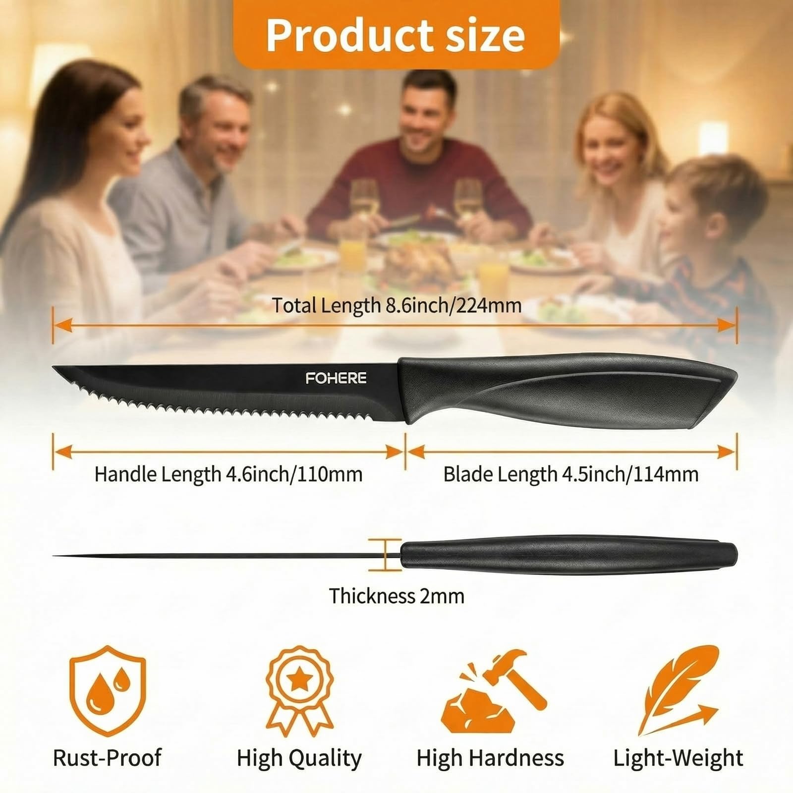 FOHERE Juego de 8 cuchillos de carne, cuchillos de carne negros dentados, cuchillos de cocina de acero inoxidable, ideal para comida de Navidad, Nochevieja y lavable en lavavajillas