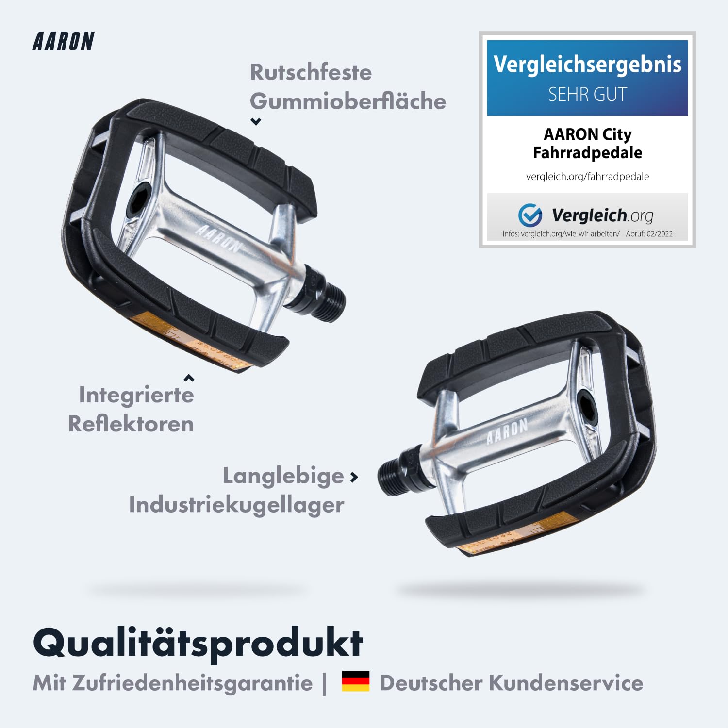 AARON City Fahrradpedale mit rutschfestem Gummi Grip und abgedichtetem Industrie-Kugellager, Trekkingpedale mit Reflektoren für E-Bike, Trekking Bike, City Bike, Silber/Schwarz