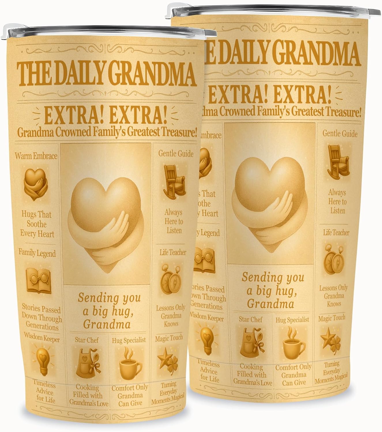 Gift for Grandma 20oz Insulated Tumbler, Stainless Steel Travel Mug, Vintage Newspaper Theme Heart Hug, Vacuum Double-Wall, BPA-Free Lid, Fits Car Cup Holder, Birthday Mother’s Day Grandparents Day - Image 3