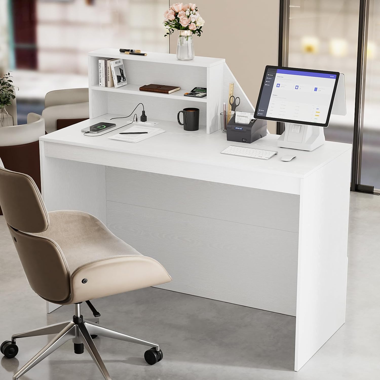 TUSY 42.2" H Modern Reception Desk - Small Front Desk with Adjustable LED Light, Reception Room Table with Built-in USB Outlet for Salon, Lobby (47.2" W x 19.69" D x 42.2" H)