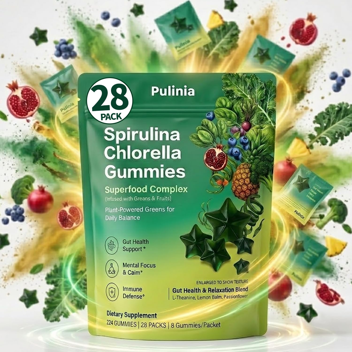 Sugar-Free Super Greens Gummies – Spirulina & Chlorella Superfood Multivitamin Gummies for Adults with Prebiotic Fiber for Digestive Health & Daily Wellness, 28 Single-Serve Packs (224 Gummies Total)