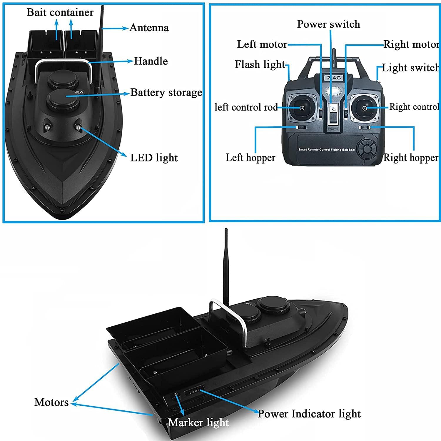 Barco de Cebo para Pesca, Barco RC Inteligente, buscador de Peces, Carga de 1,5 kg, 500 m, Control Remoto inalámbrico, 2 Motores, 2 contenedores de Cebo, batería Recargable