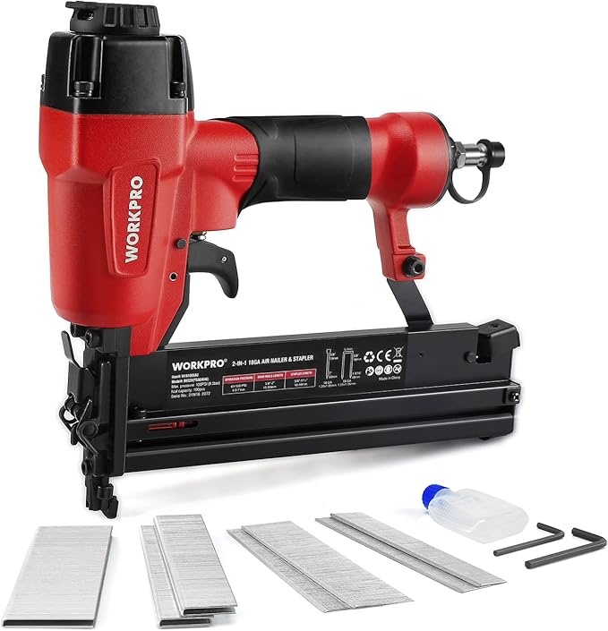WORKPRO Compressed Air Nailer 2 in 1 Including 700 Clips & Nails, 9040/F50, Max 7.1 Bar Professional Compressed Air Gun with Safety Nose for Workshop and Home (Nails up to 50 mm, Staples up to 40 mm)