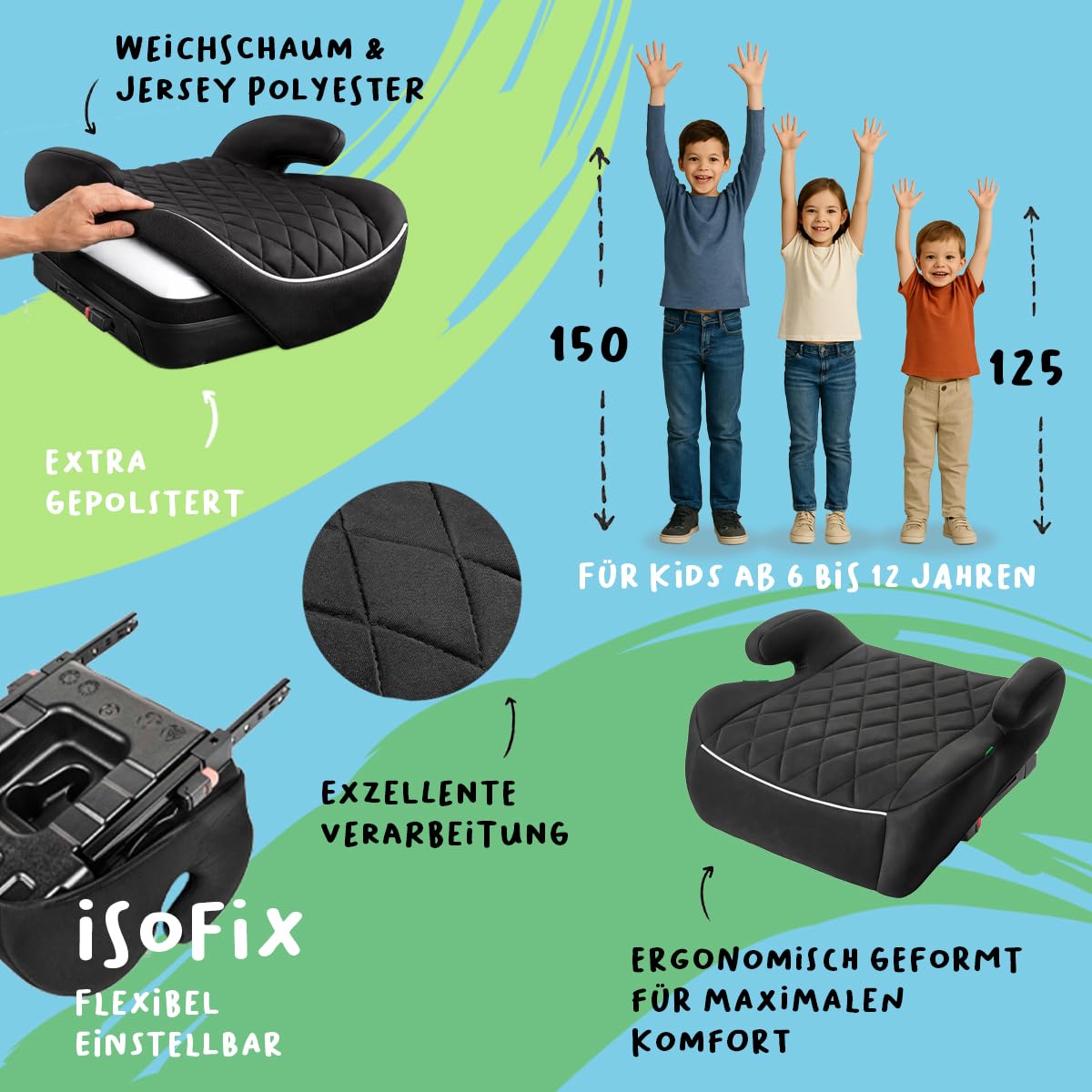 LST Kindersitzerhöhung ISOFIX i-Size ECE R129 125-150cm 15-36kg HDPE Kunststoff ergonomische Armlehnen Gruppe 2&3 Schwarz