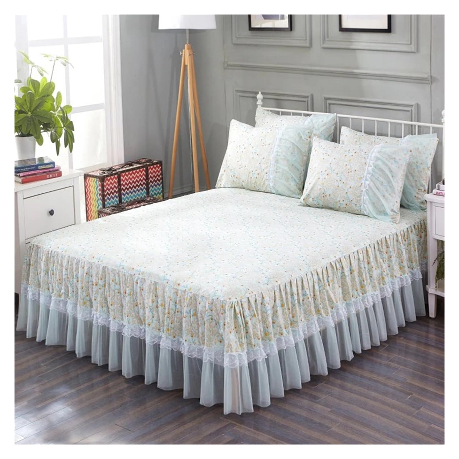 Bed Skirt Pillowcase Bed Set Ruffle Three Layers Lace Bedspreads Sheet Soft Fitted Sheet Cover(18,2pcs pillowcase)