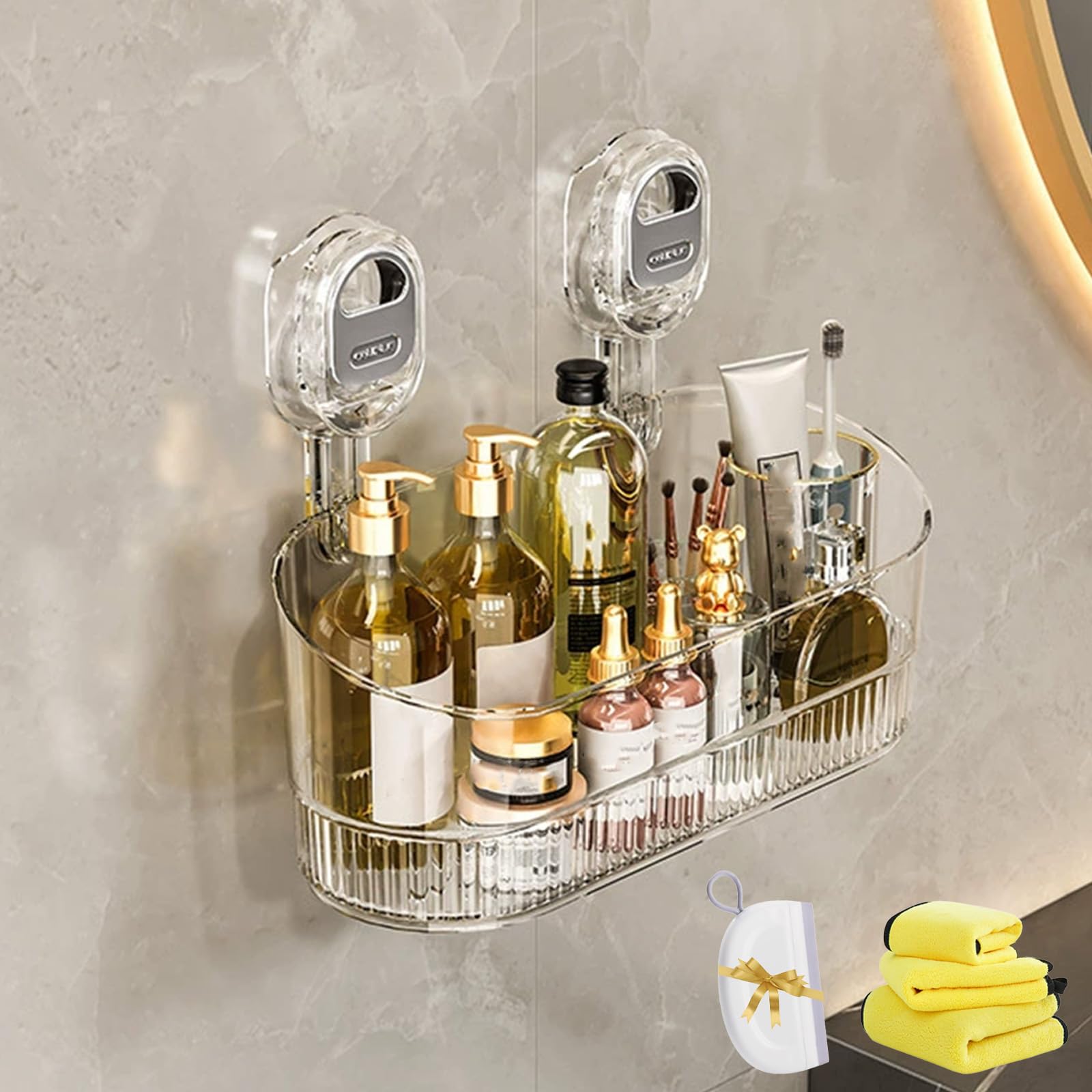 Fjaldjfu Clear No-Drill Bathroom Suction Storage Box – Large Capacity & Strong Load-Bearing, Bathroom Suction Cup Storage Rack, Suction Cup Shower Caddy With Drain Hole, Corner Wall Caddy For Kitchen (Clear)