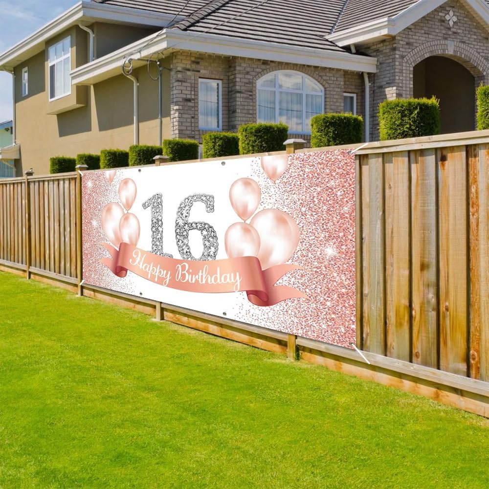 Leowefowa Rosegold Balloons Glittering Diamond 16th Birthday Garage Door Decorations Banner Luxurious 16th Birthday Garage Door Cover for Girl 16th Birthday Party Indoor Outdoor Door 7x16ft