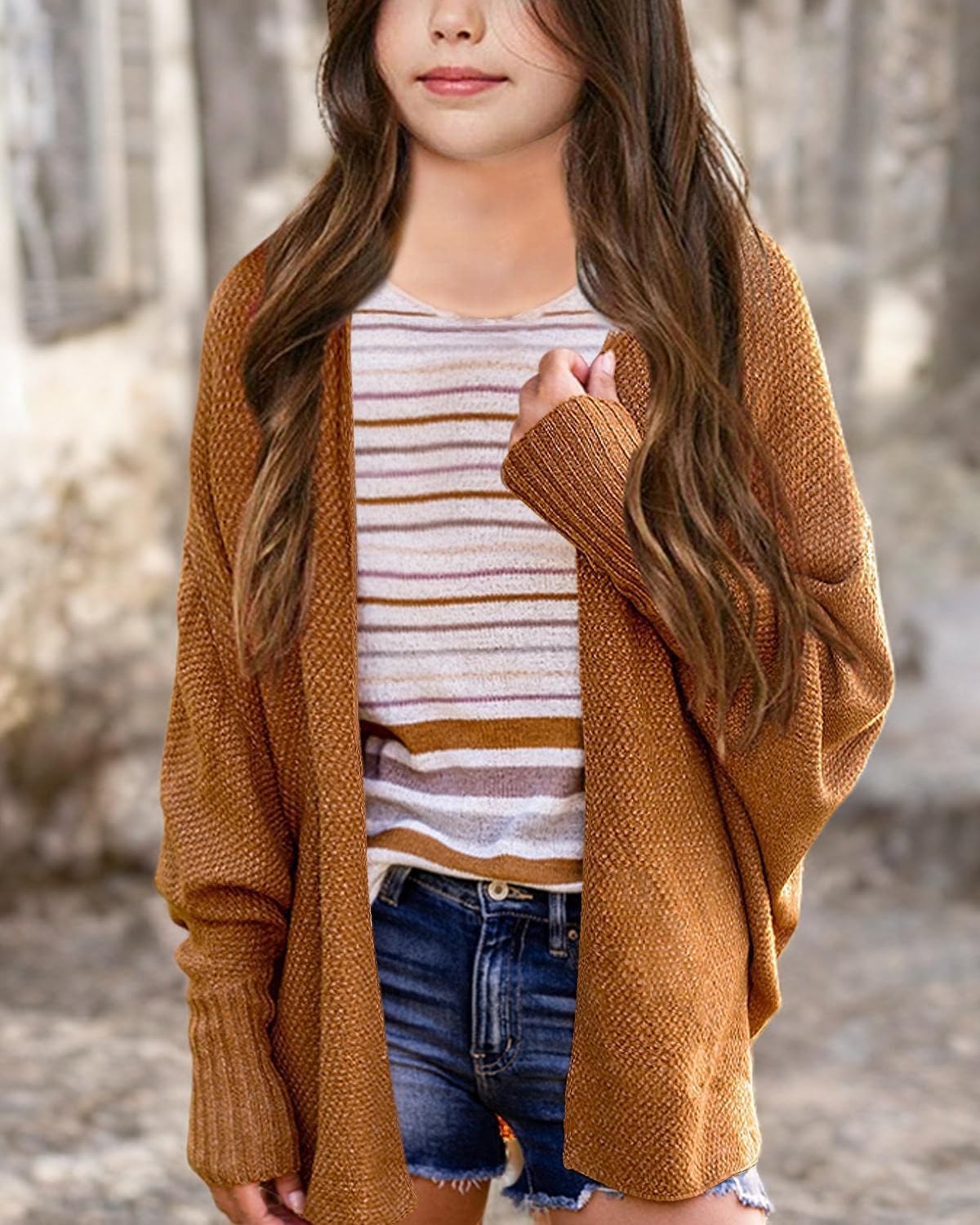 Imily Bela Girls Cardigans Kids Casual Batwing Sleeve Open Front Knitted Sweater - Image 6