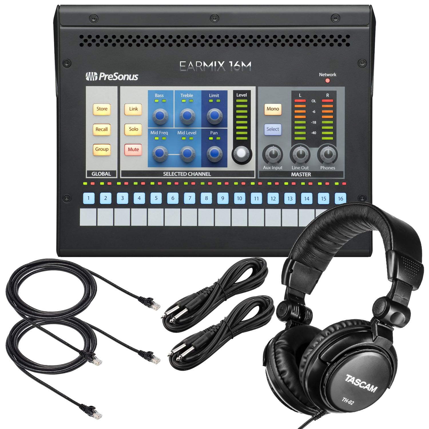 PreSonus EarMix 16M AVB Personal Monitor Mixer, Tascam TH02, (2) 1/4 Cables, (2) Ethernet Cables 10FT Bundle