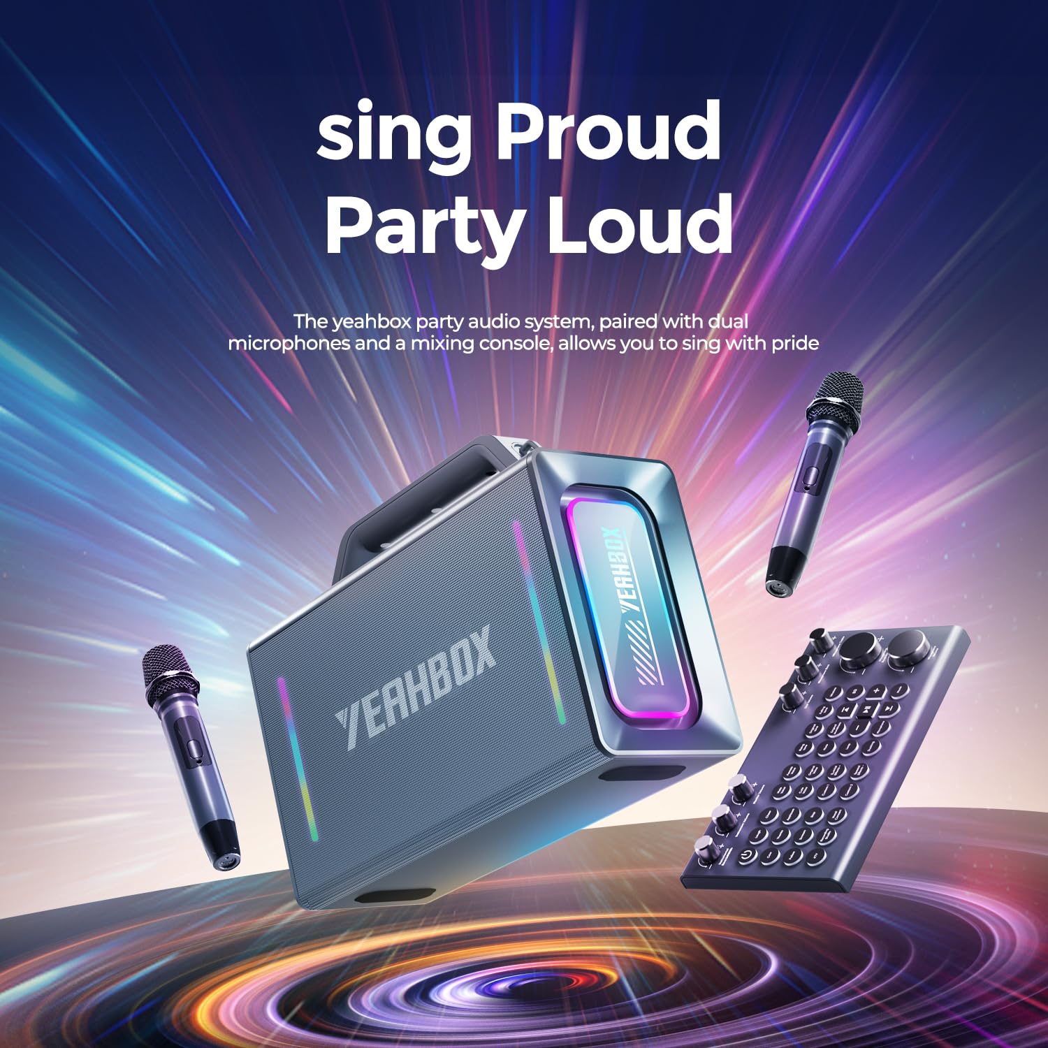 YEAHBOX Thunder 500 Enceinte Bluetooth Karaoké avec 2 Micros sans Fil, 200W Max, Batterie 20000mAh, IP66 Étanche, TWS Stéréo, Table de Mixage DSP, Lumières RGB, Enceinte Portable pour Soirées