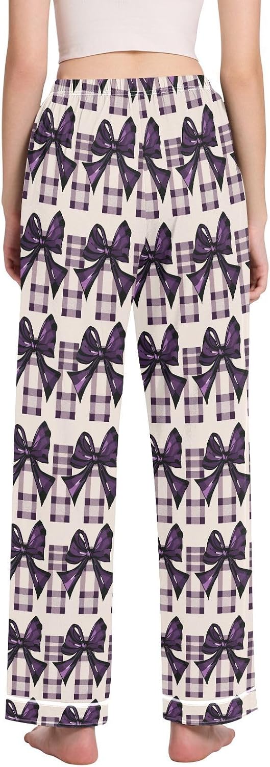 Pajama Pants Women Purple Bow Checked Soft Sleep Lounge Pj Bottoms with Pocket S-XXL
