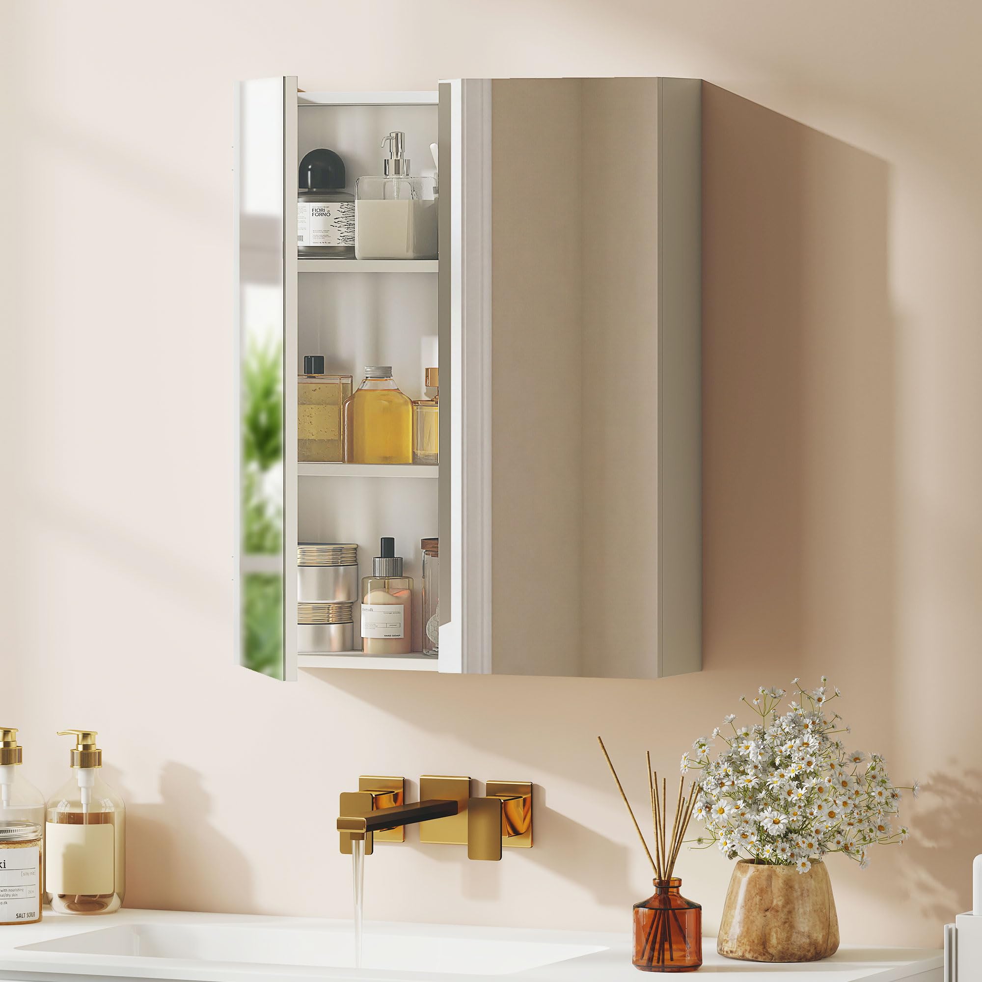HOMCOM Armoire Murale Salle de Bain avec Miroir, 60 x 75 cm, Meuble Salle de Bain, Armoire de Toilette avec étagère réglable, Blanc