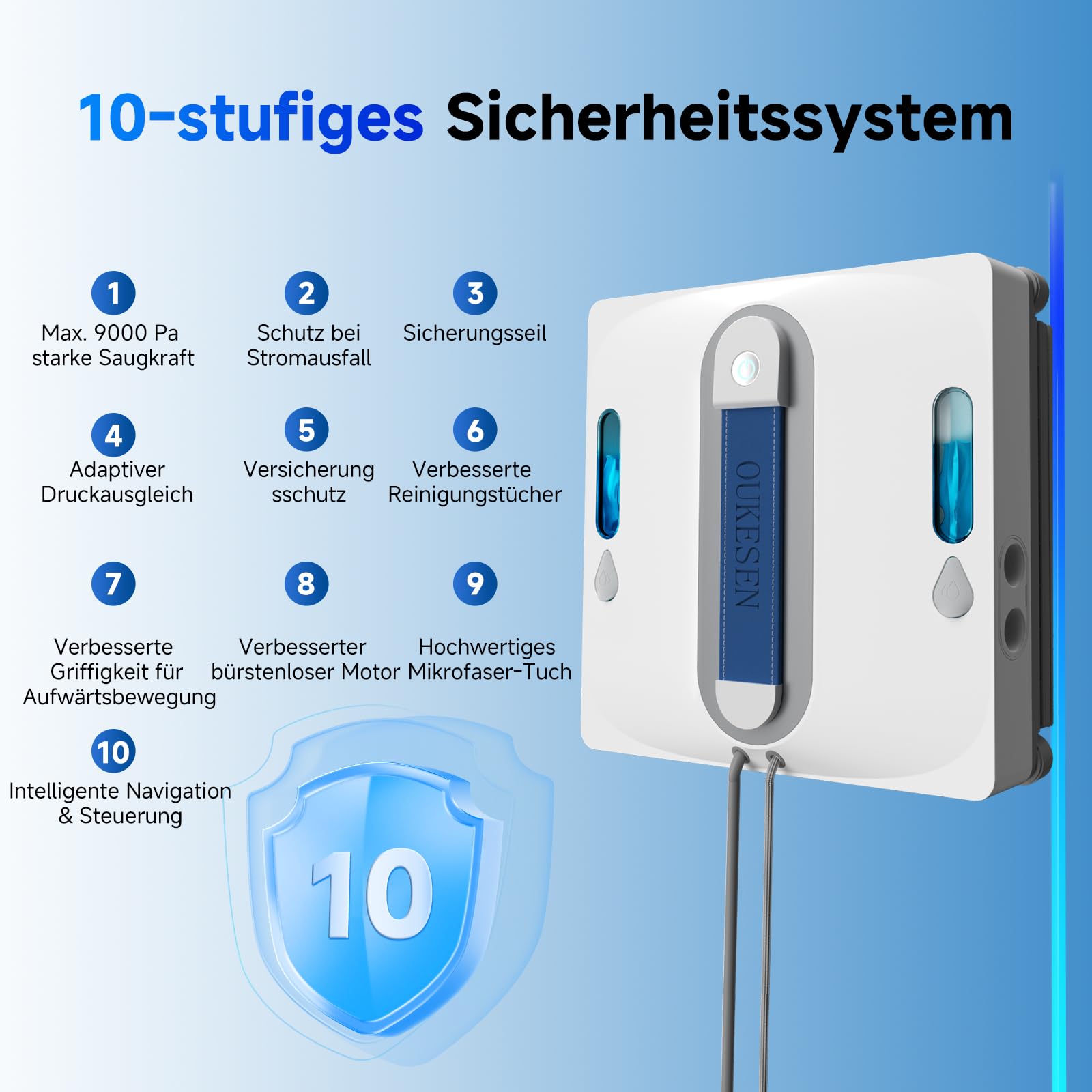 Fensterputzroboter,9000Pa Saugkraft&75N Reinigungskraft,mit 4 Wasser-Sprühdüsen,unterstützt 5 Reinigungsmodi&Fernbedienung, Fensterroboter Nassreinigung von gerahmten & rahmenlosen Fenstern