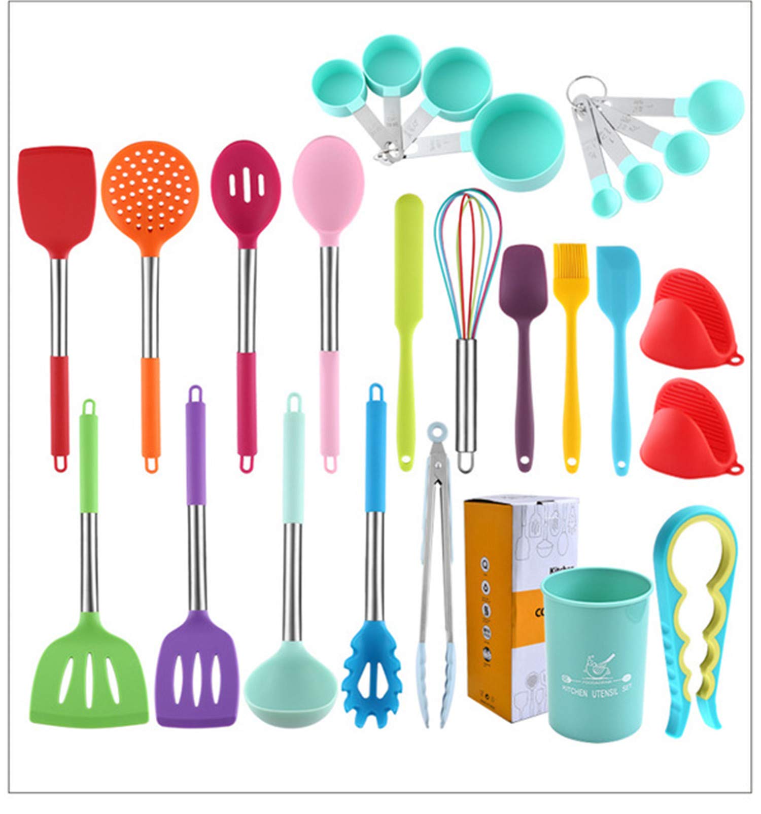 Utensilios de Cocina de Silicona Juego de Utensilios de Cocina - 446 ° F Mangos de Madera Resistentes al Calor Utensilios de Cocina Grises Juego de Utensilios de Cocina Antiadherente (Colorido-19pcs)
