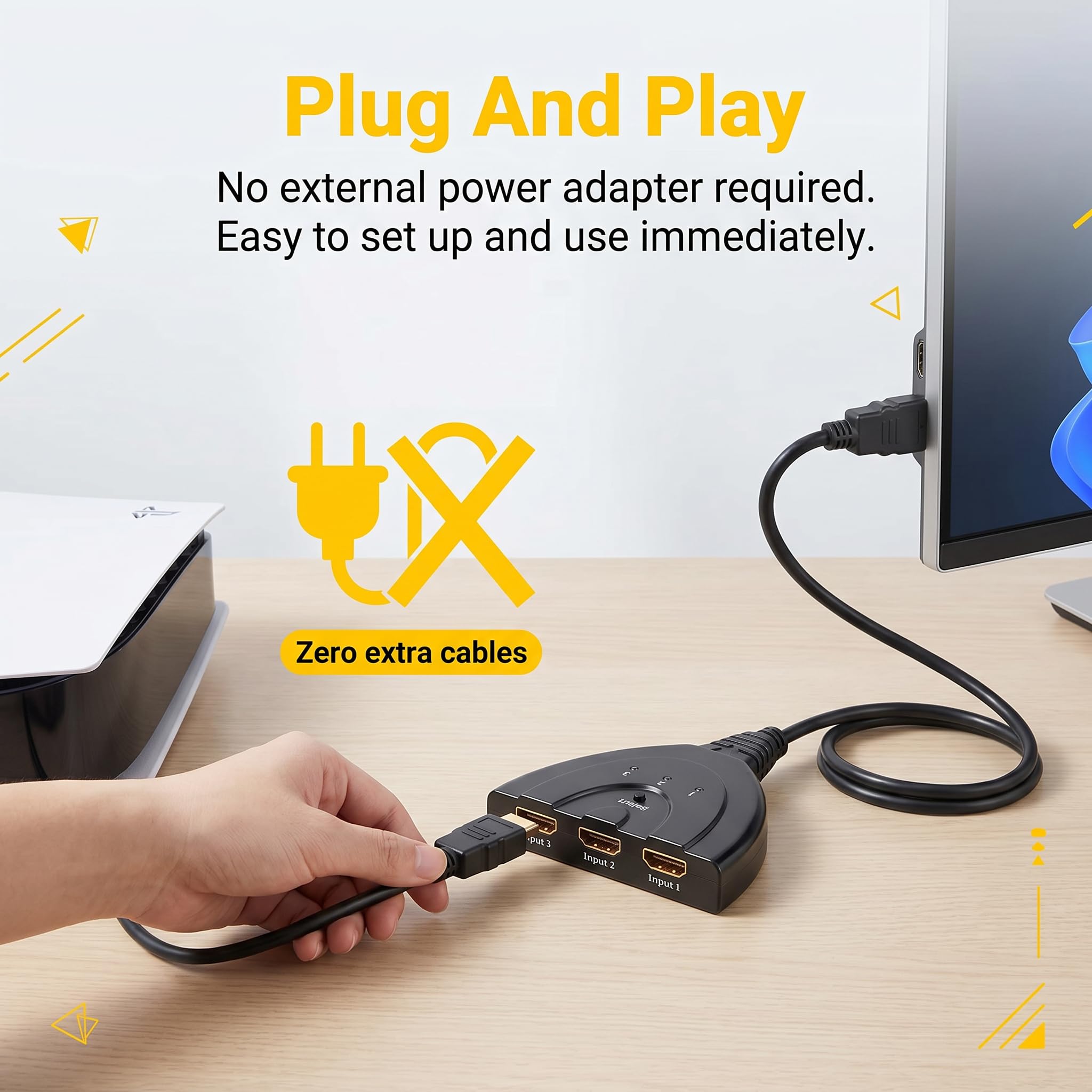 HDMI Switch 3 Eingänge 1 Ausgang, HDMI Splitter 3 in 1 Out 4K UHD Verteiler für PS5/PS4/Xbox/Switch/PC/Laptop/Blu-Ray Player/TV/Projektor, 3 Geräte auf 1 Monitor, Stabile Signalübertragung