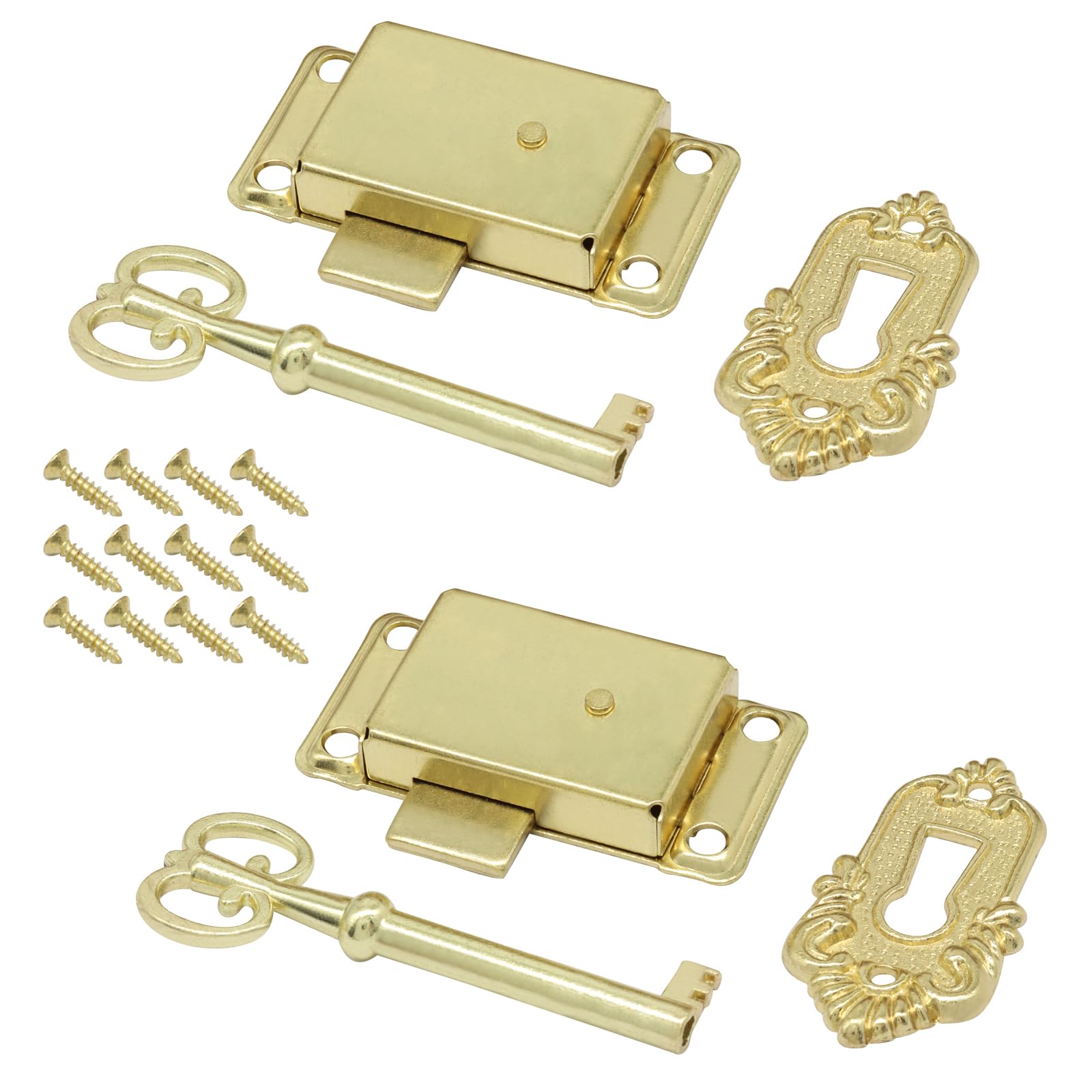 Cjueiom 2 Pcs Gold Skeleton Key Lock Decorative Vintage Style Hardware for Cabinet, Cupboard, Furniture, Chest, Drawer and Box, Includes Keys and Screws