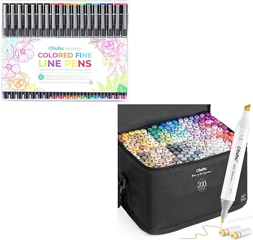 Ohuhu Bolígrafos fineliner de colores, 11 bolígrafos de colores y 7 bolígrafos surtidos Piont Black Marcadores de alcohol, 200 colores finos y