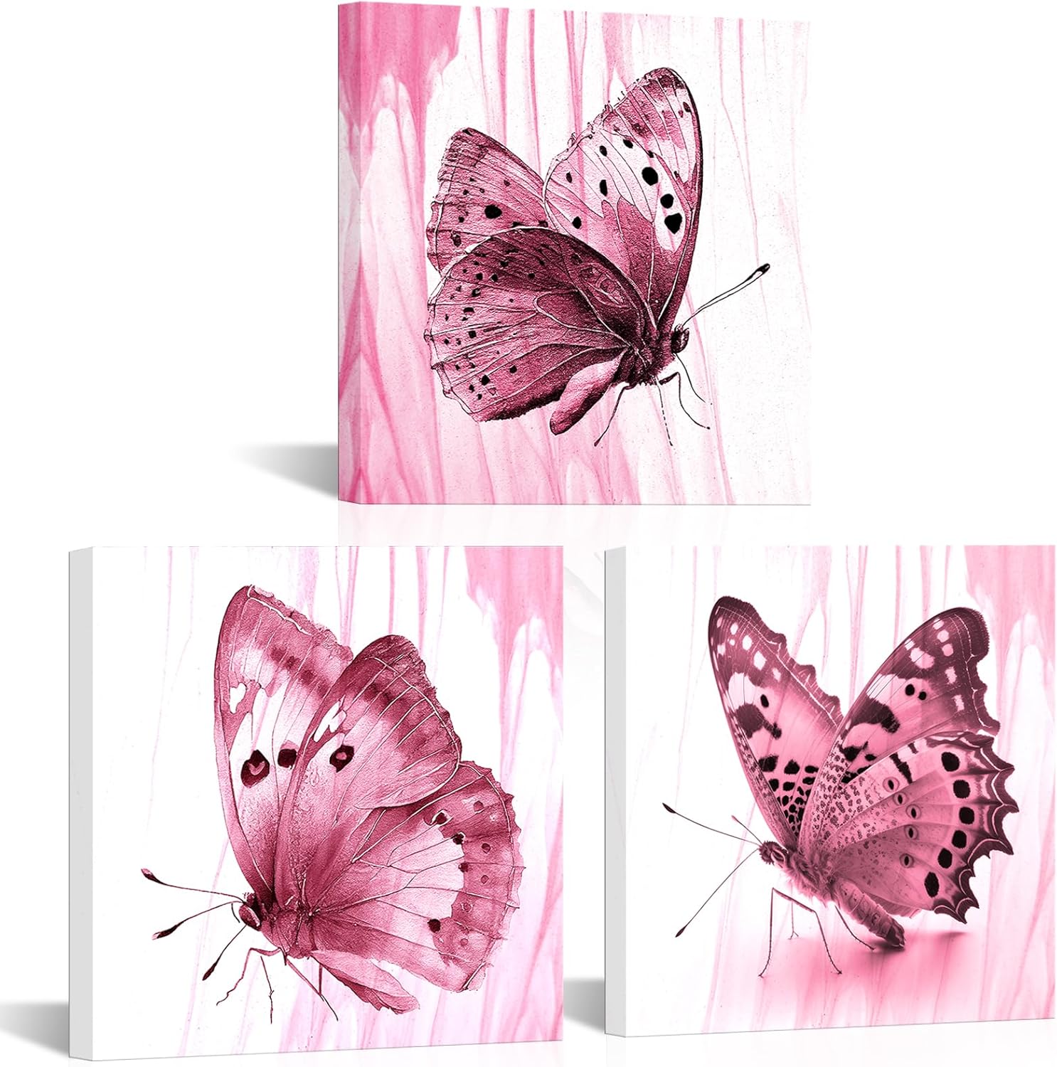 FuShvre Pink Butterfly Canvas Wall Art Pink Butterflies Picture Prints for Girls Bedroom Bathroom Decor Framed 12"x12"x3pcs