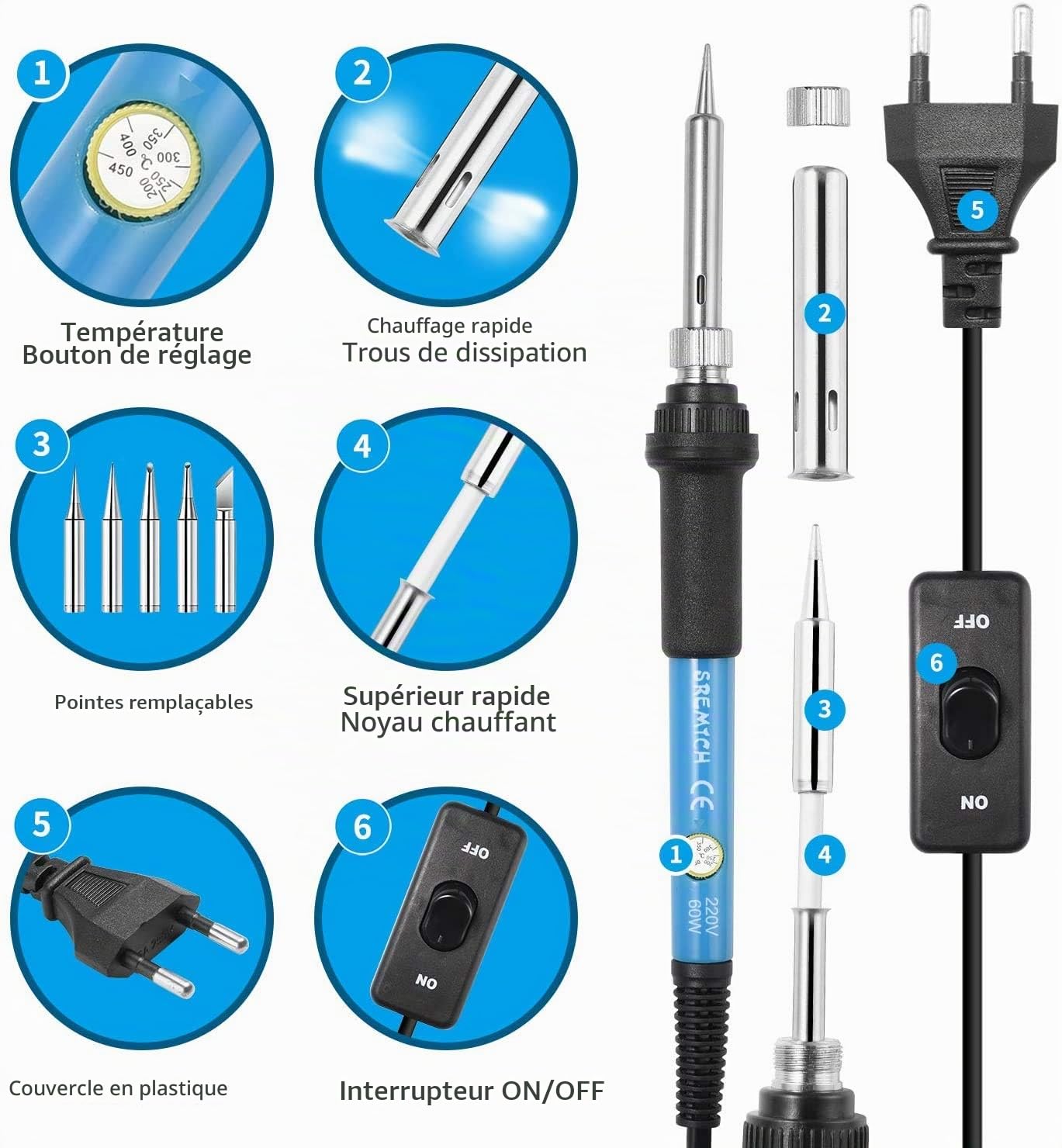 Kit de fer à souder électronique SREMTCH 60 W avec température réglable 200-450 °C et interrupteur Marche/Arrêt, 100g, 5 pannes à souder, pompe à dessouder, support avec éponge, sac en polyuréthane