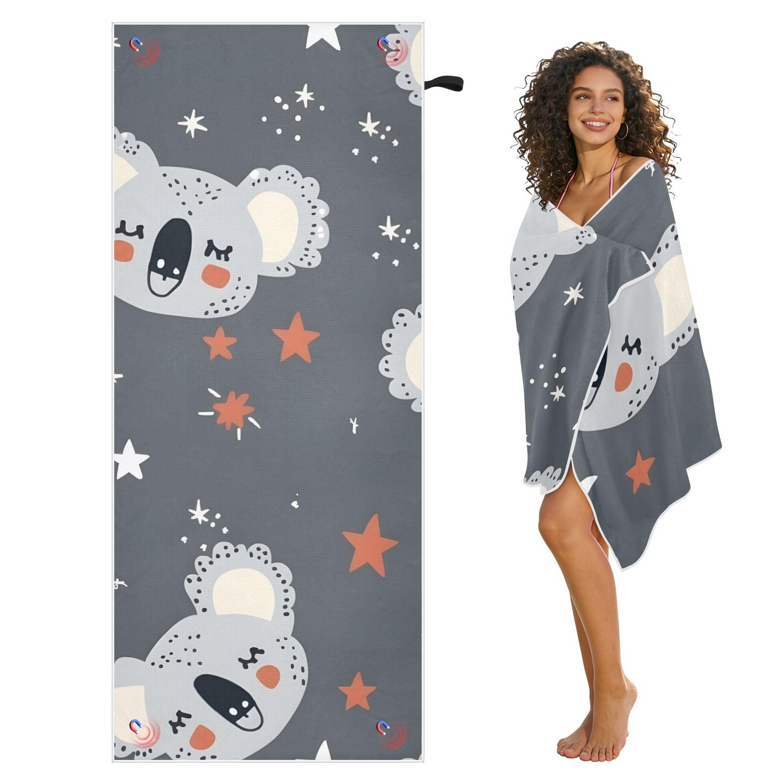 Grande serviette de plage avec sacs en maille pour adultes, motif koalas gris avec étoiles avec fermeture magnétique, anti-sable, absorbante à séchage rapide, pour piscine, camping et voyage